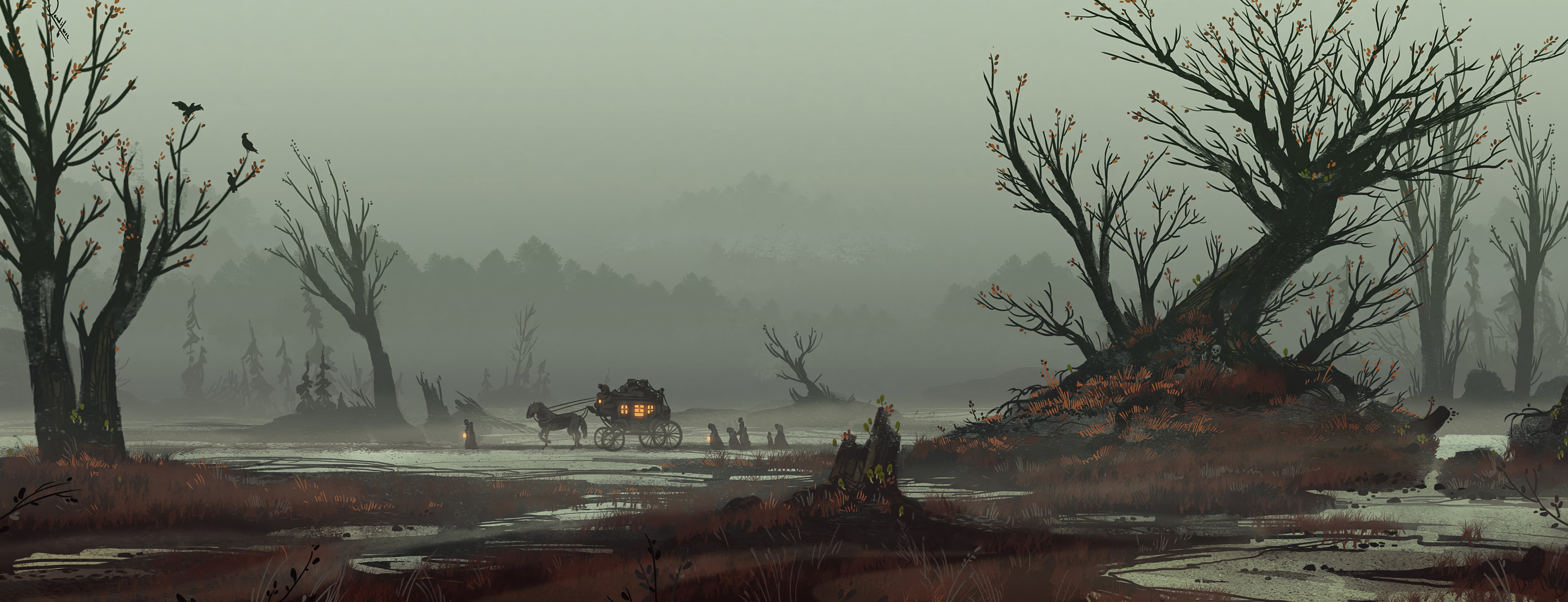artwork, swamp, carriage, horse, digital art, 5K, Lorenzo Lanfranconi, HD Wallpaper