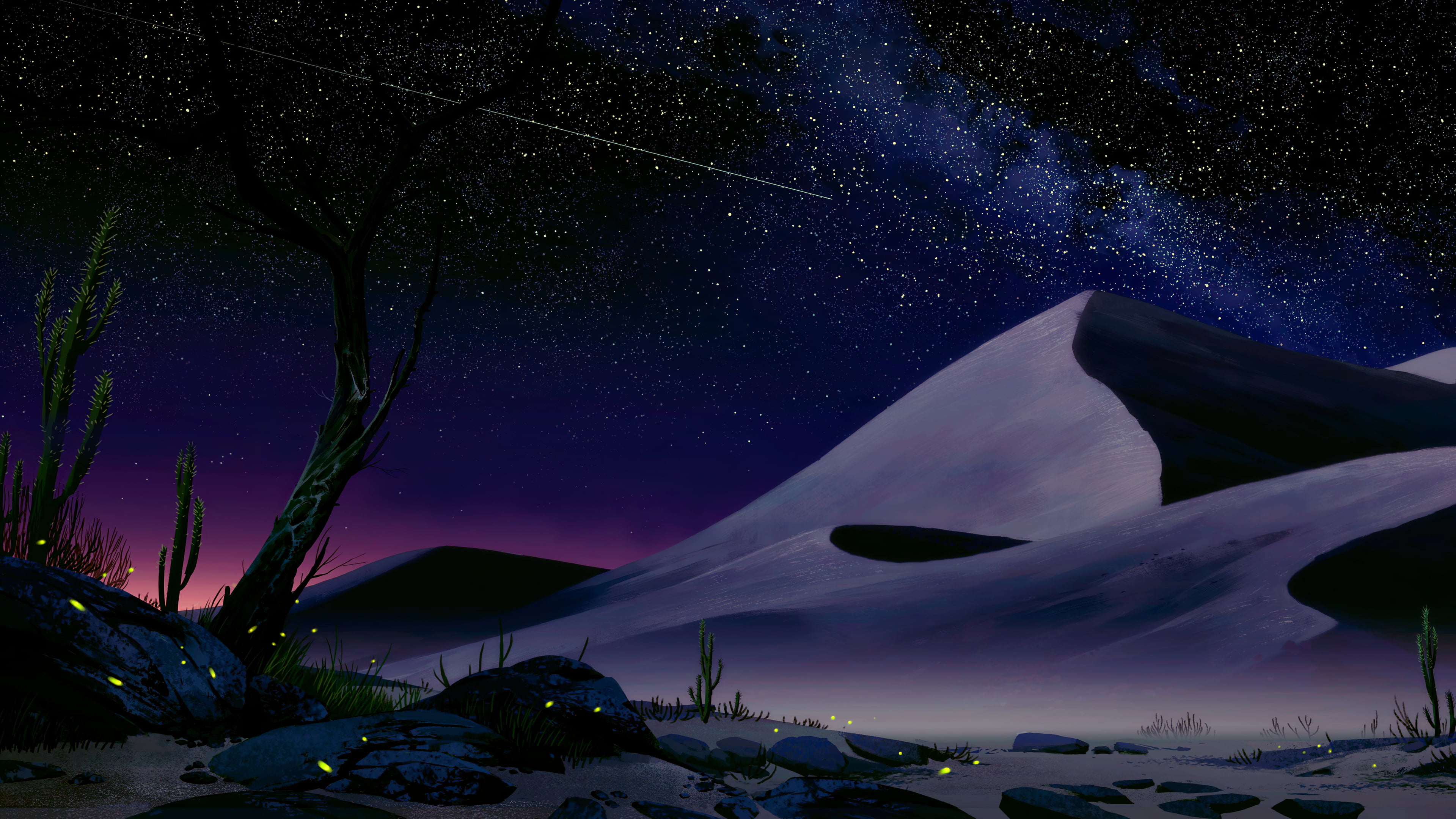 desert, 2K, Lorenzo Lanfranconi, cactus, digital art, fireflies, dunes, night sky, artwork, HD Wallpaper