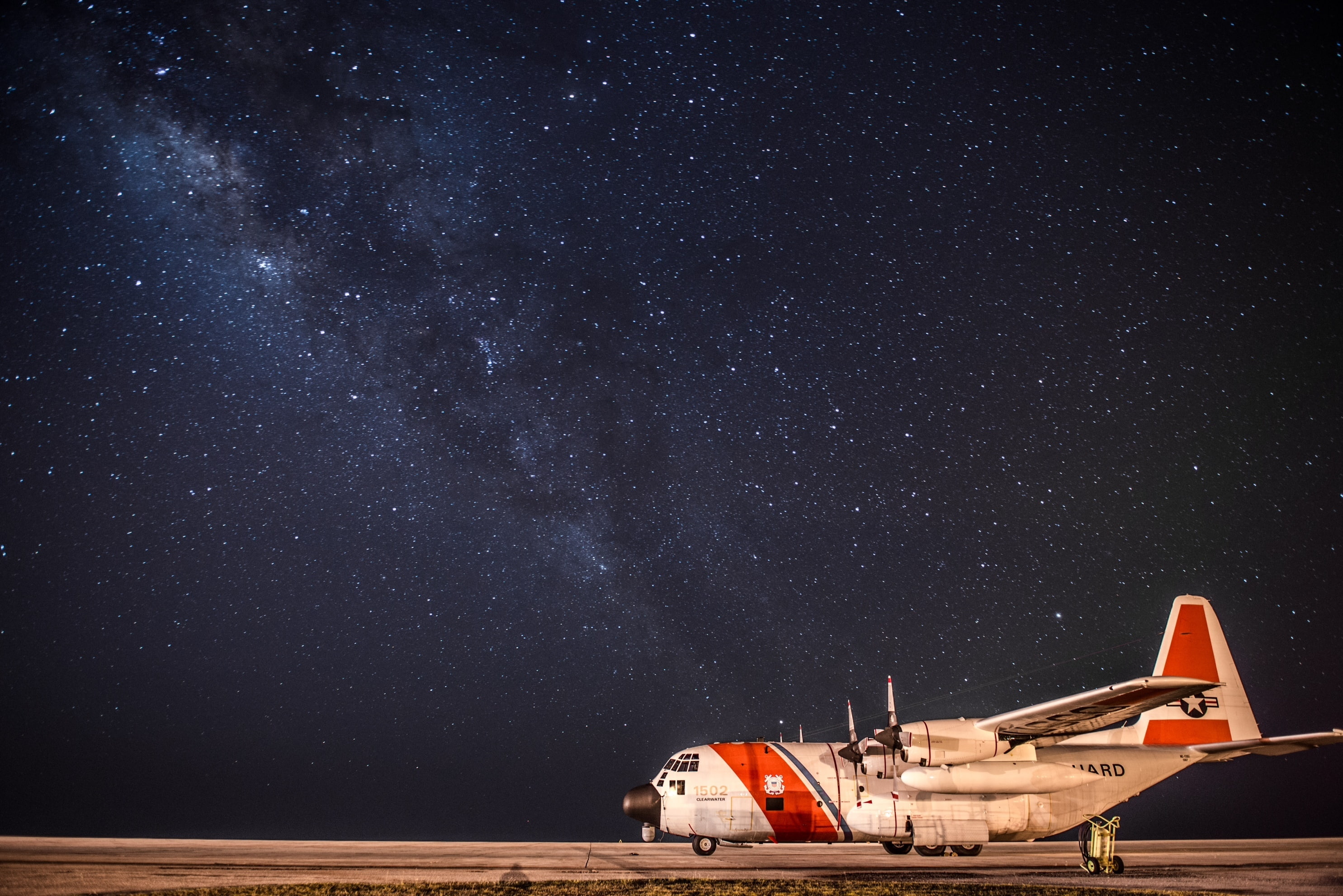 the sky, night, The United States coast guard, C-130 Hercules, stars, military transport aircraft, Lockheed, 2K, the airfield, HD Wallpaper