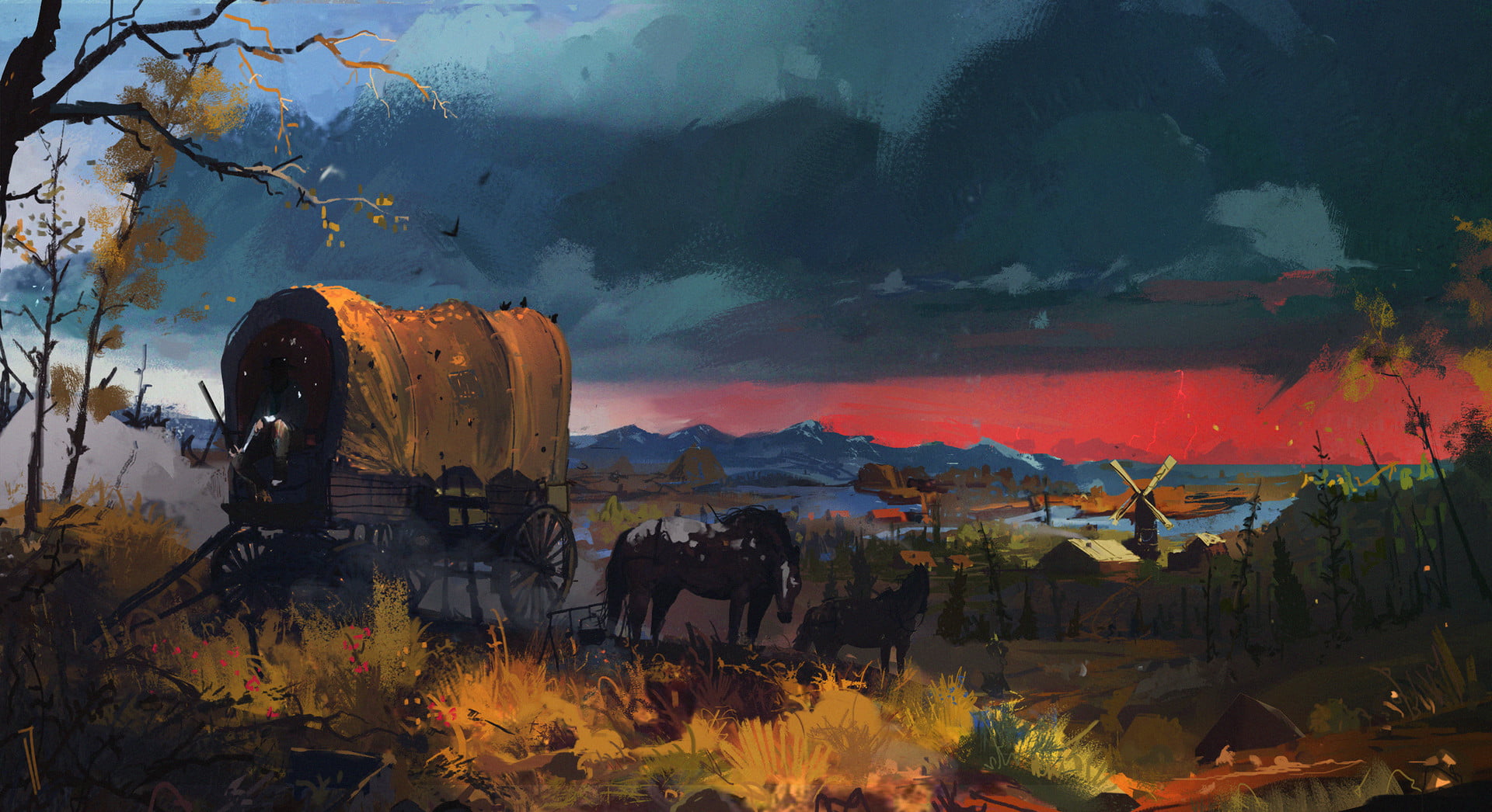 video games, environment, horse, cowboys, town, Red Dead Redemption 2, storm, carriage, 1080P, HD Wallpaper