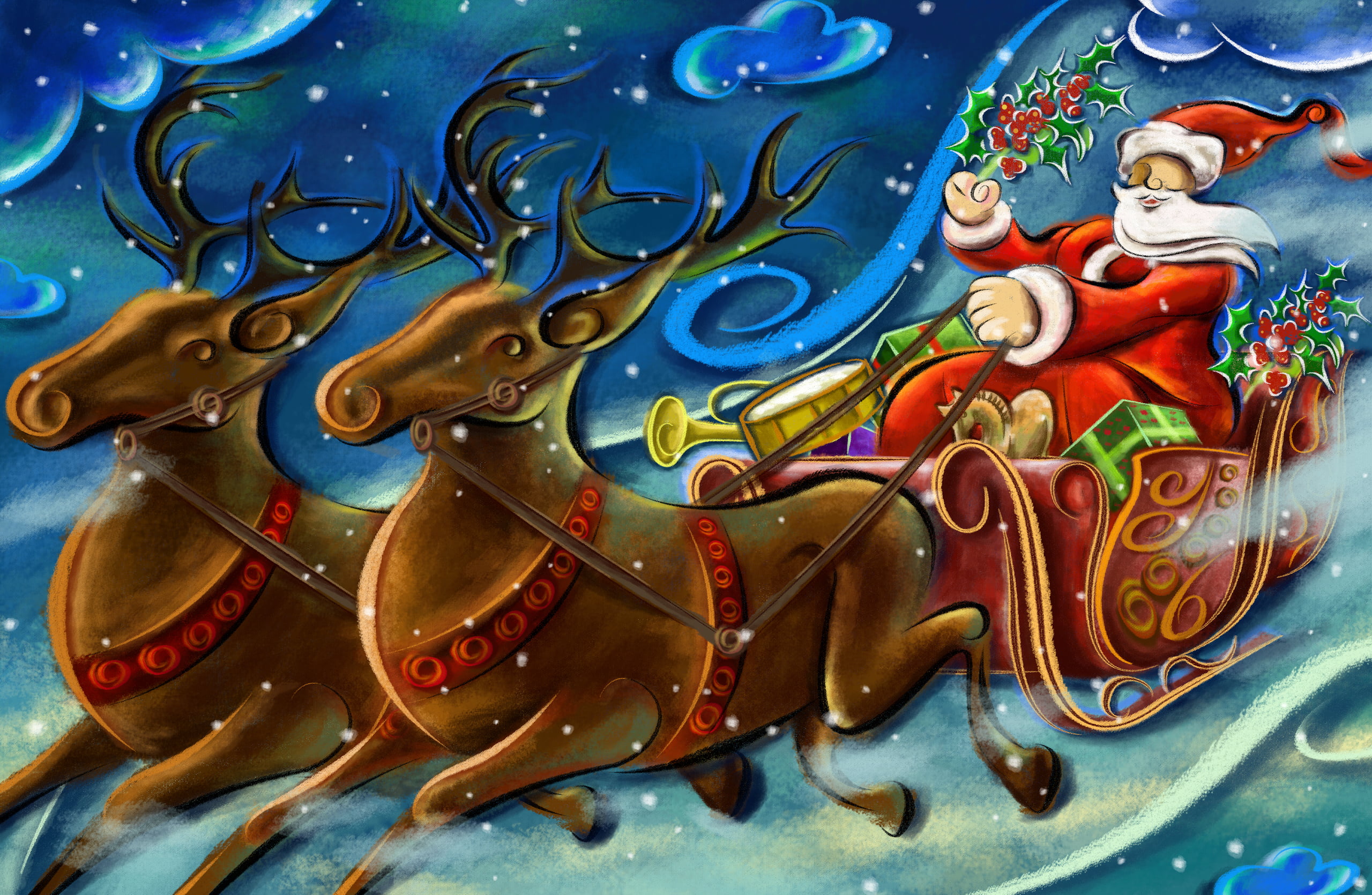 pattern, religion, decoration, blue, carriage, wall - building feature, animal, figure, ornate, representation, human representation, architecture, Santa Claus, HD Wallpaper