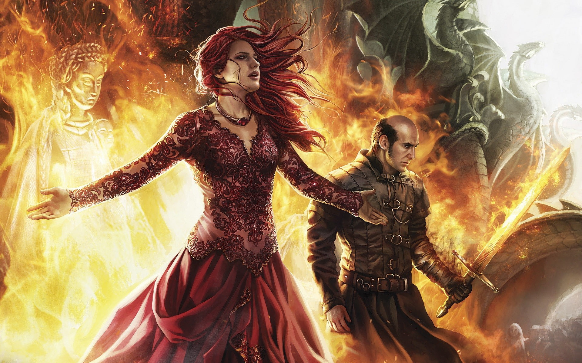 anime, stannis baratheon, stannis, character, statue, game, fire, female, thrones, male, 1920x1200, 1080P, baratheon, melisandre, game of thrones, HD Wallpaper