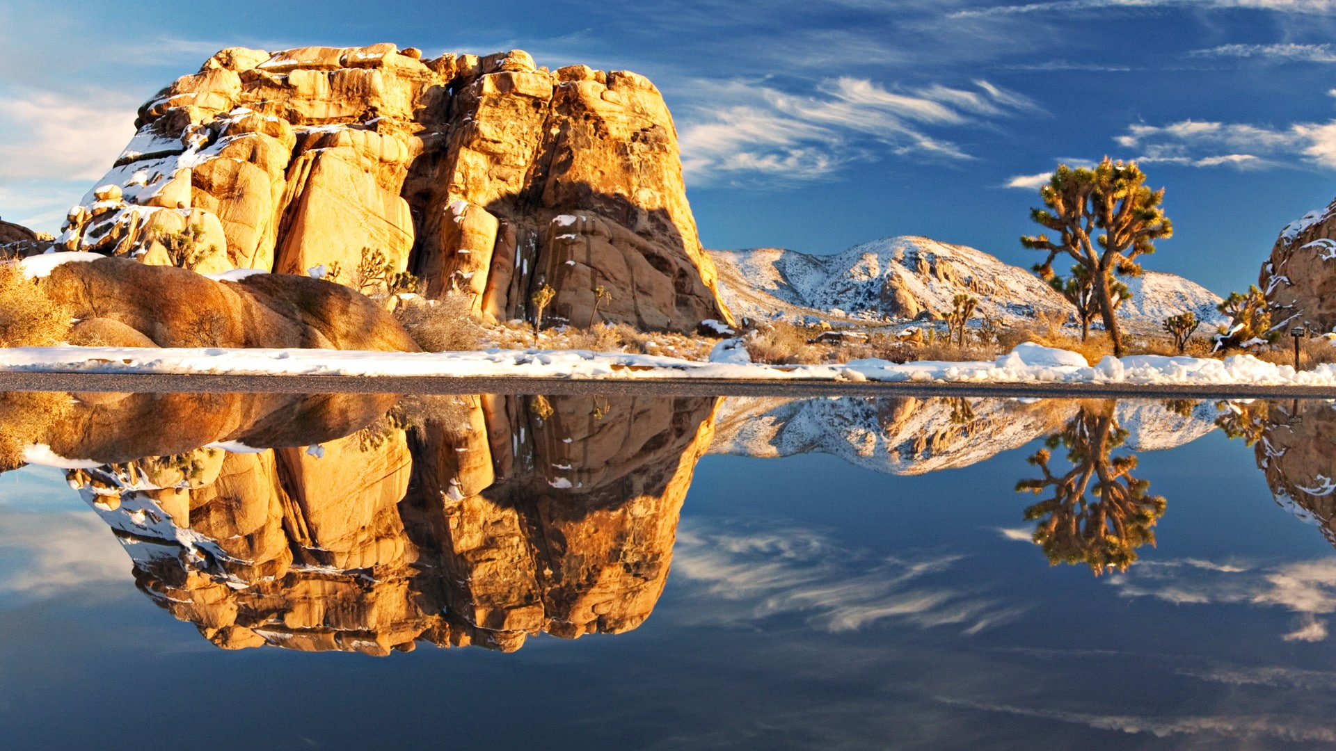 clouds, lake, reflection, Joshua Tree National Park, sky, 1080P, rock, winter, landscape, HDR, nature, HD Wallpaper
