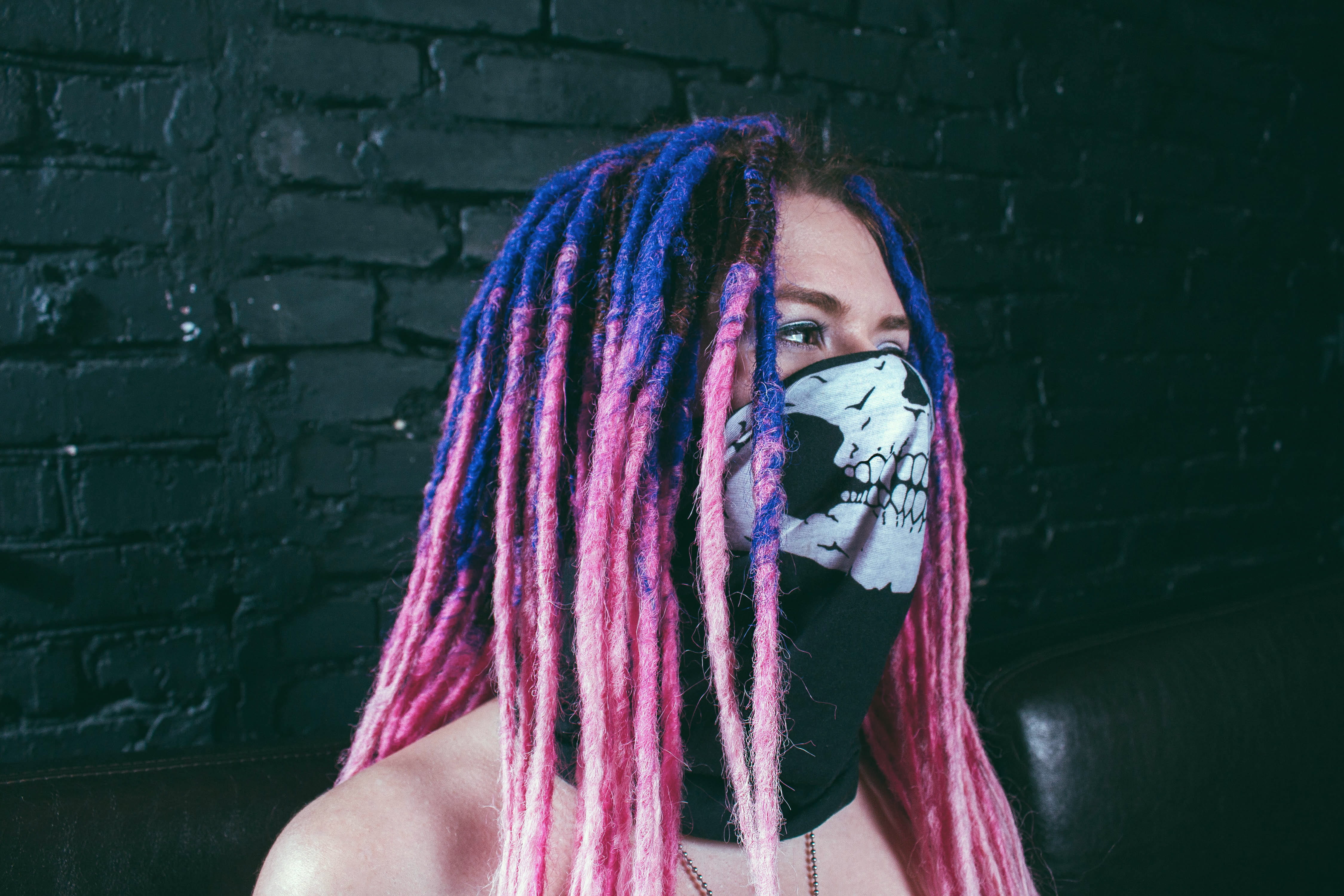 purple, dread, dyed hair, front view, one person, human face, scarf, standing, young adult, mask, portrait, wall - building feature, obscured face, looking at camera, HD Wallpaper