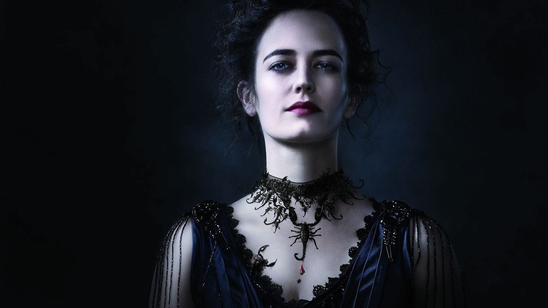 beauty, 1080P, adult, young adult, dark, headshot, portrait, black background, looking at camera, eva green penny dreadful victorian dark hair blue eyes, HD Wallpaper