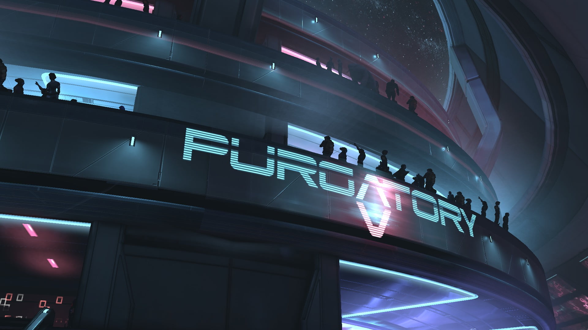 ceiling, futuristic, purgatory, building, sign, Mass Effect 3, night, built structure, low angle view, transportation, 1080P, western script, information, HD Wallpaper