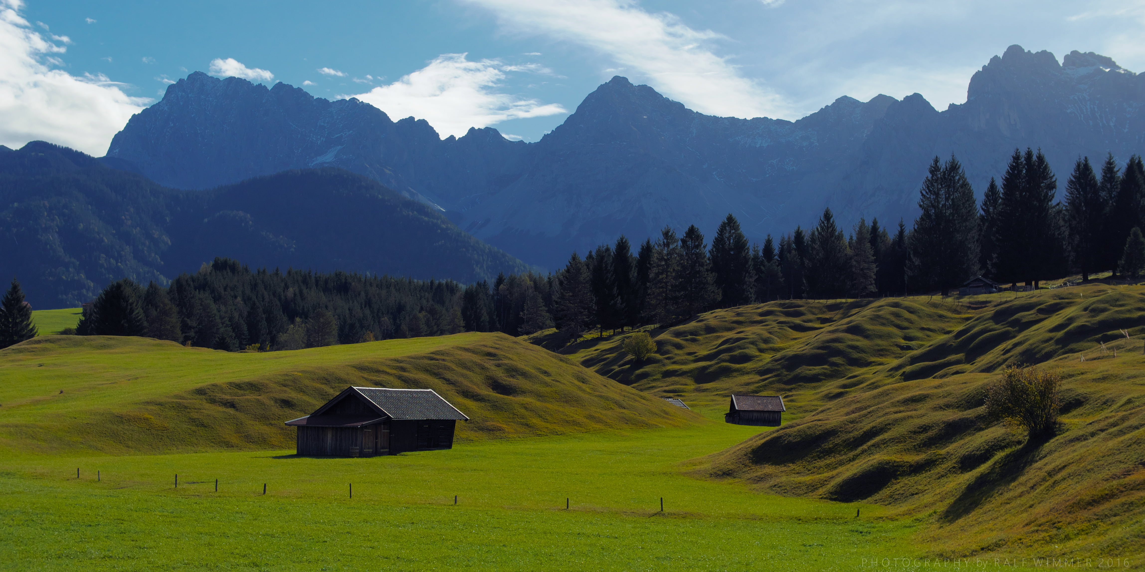 25mm, mountain, Panorama, nature, outdoors, meadow, european Alps, covered, two, scenics, grass, landscape, Werdenfelser Land, 4K, Wald, Lumix GX7, barns, HD Wallpaper