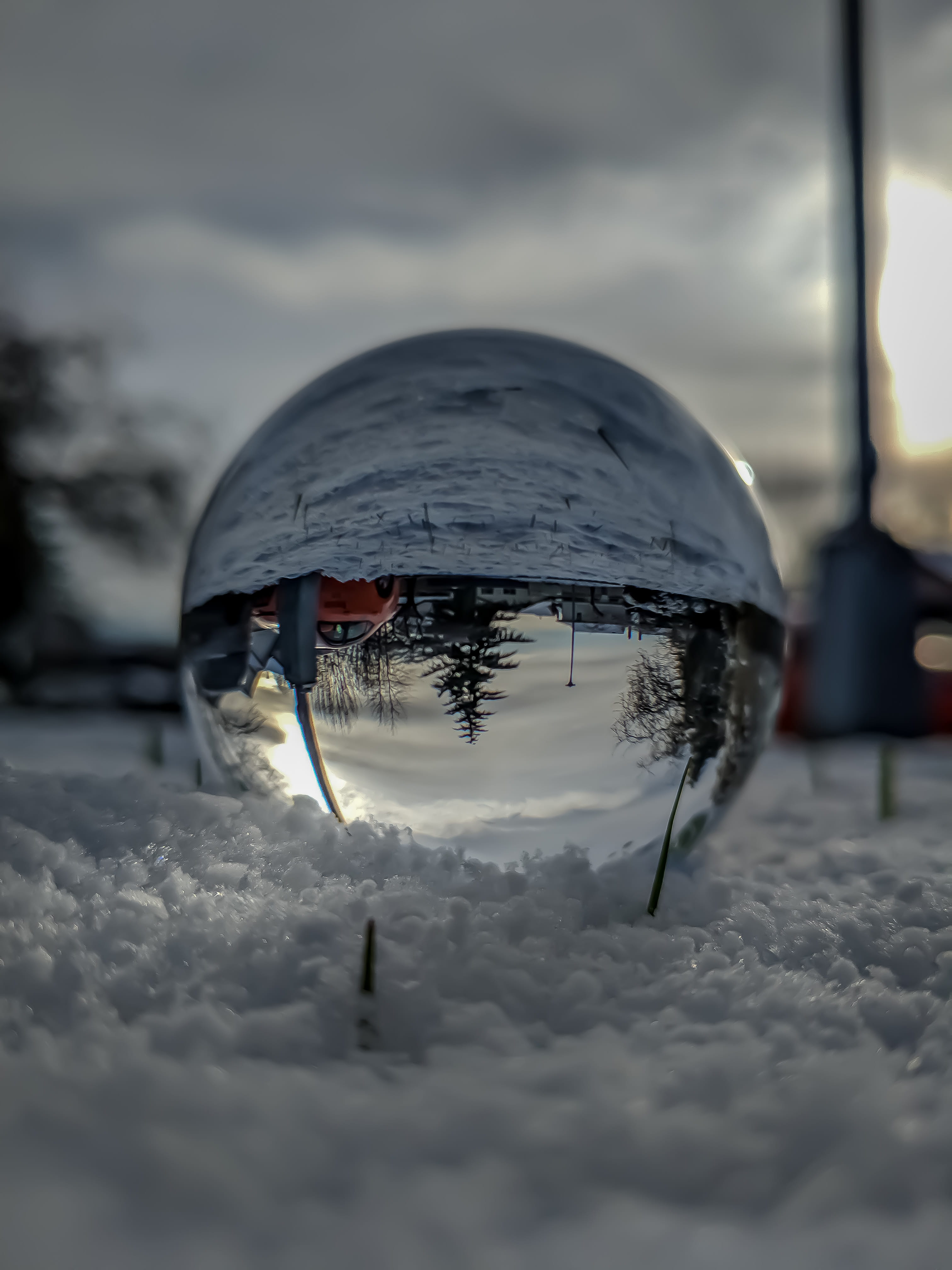 tree, lensball, scenics - nature, glass - material, frozen, outdoors, no people, cold temperature, snowcapped mountain, clouds, cloud - sky, ice, 4K, snow, Phone HD Wallpaper