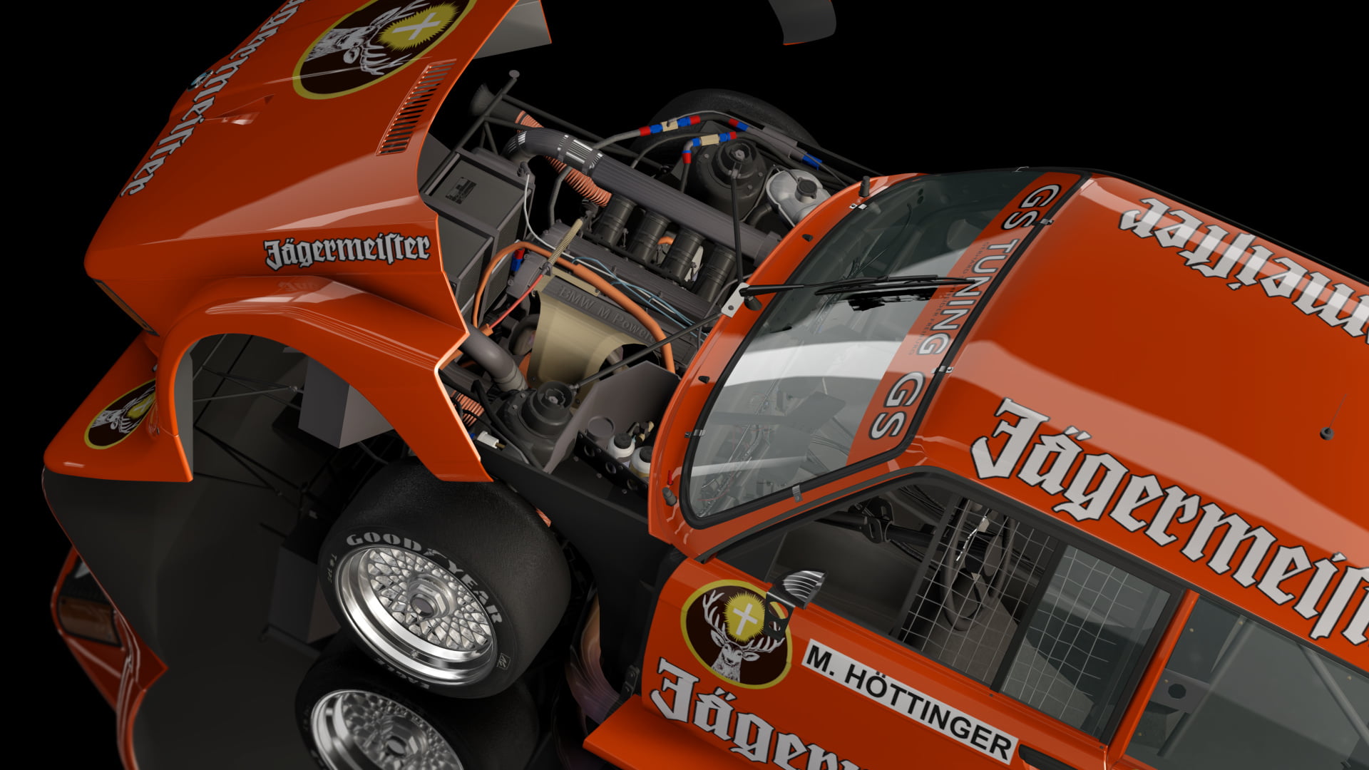 Assetto Corsa, orange, mirror, vehicle interiors, black background, vintage, Jägermeister, BMW, Vintage car, race cars, 1080P, HD Wallpaper