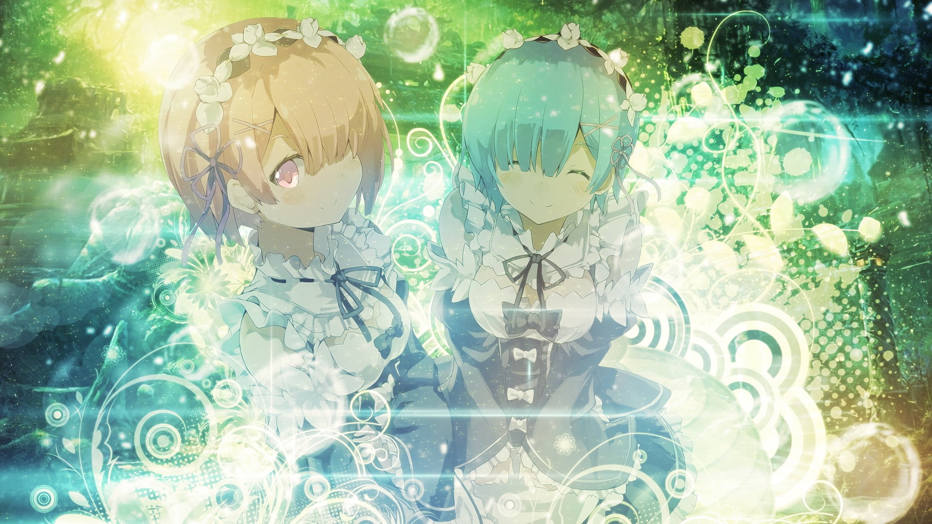 male likeness, green color, digital composite, close-up, glass - material, illuminated, art and craft, Rem (Re: Zero), lighting equipment, water, Ram (Re: Zero), HD Wallpaper