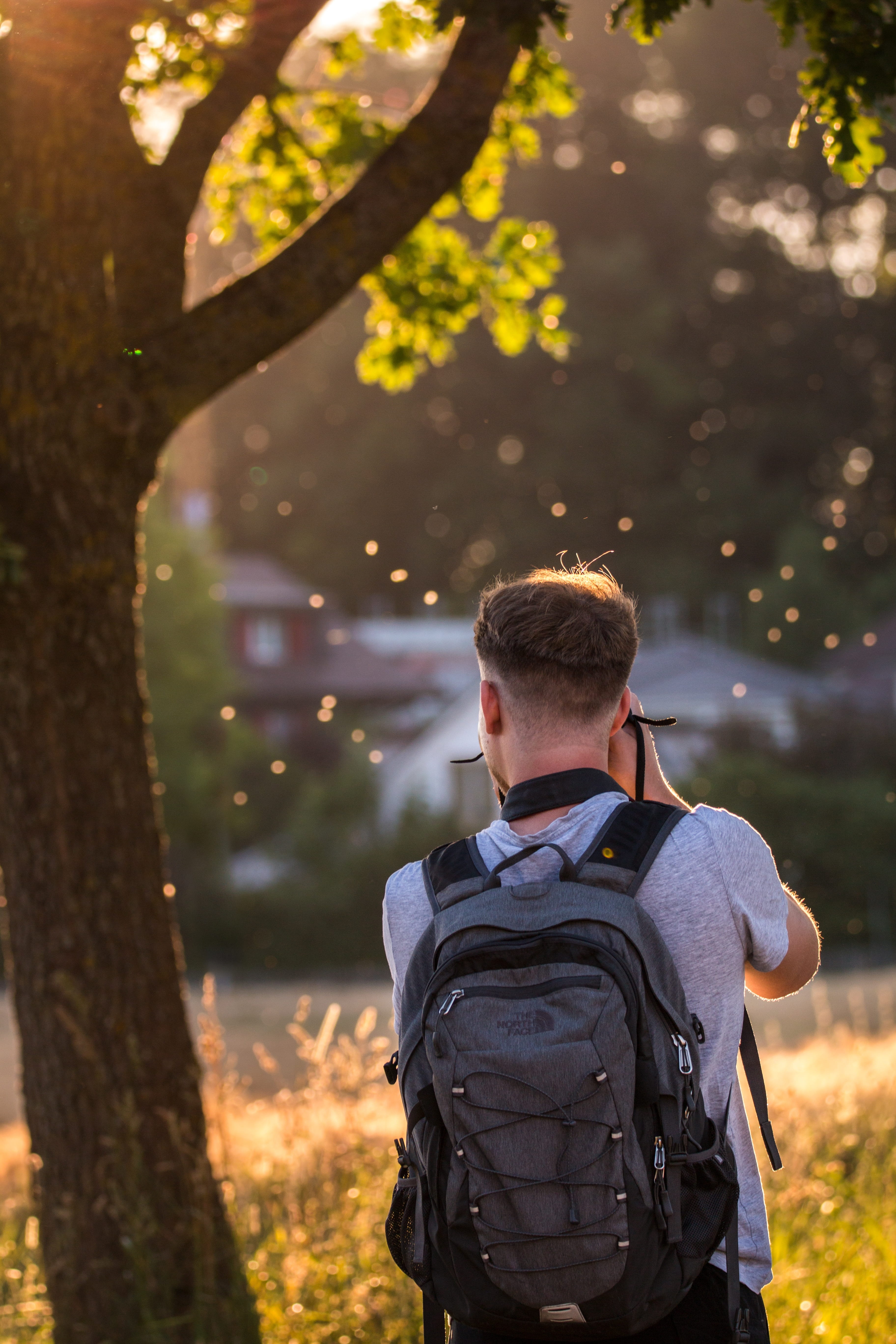 young photographer, men, orange, aperture effects, contrast, silhouette, day, rear view, warm light, backpack, 5K, green, sun, yellow, switzerland, leisure activity, Phone HD Wallpaper