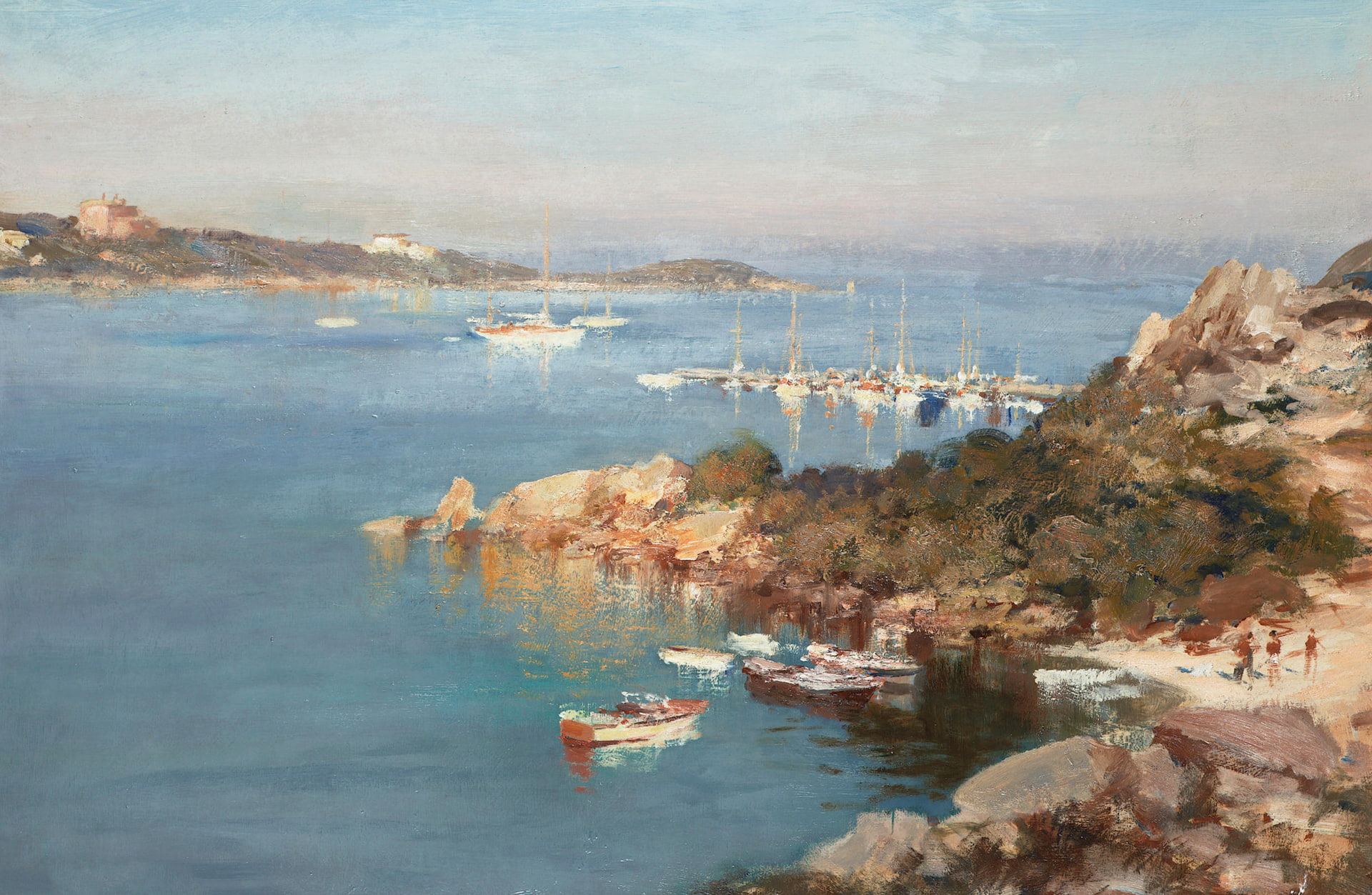 landscape, Yachts on Lucia Beach in Porto Cervo, 1080P, Edward Seago, picture, HD Wallpaper