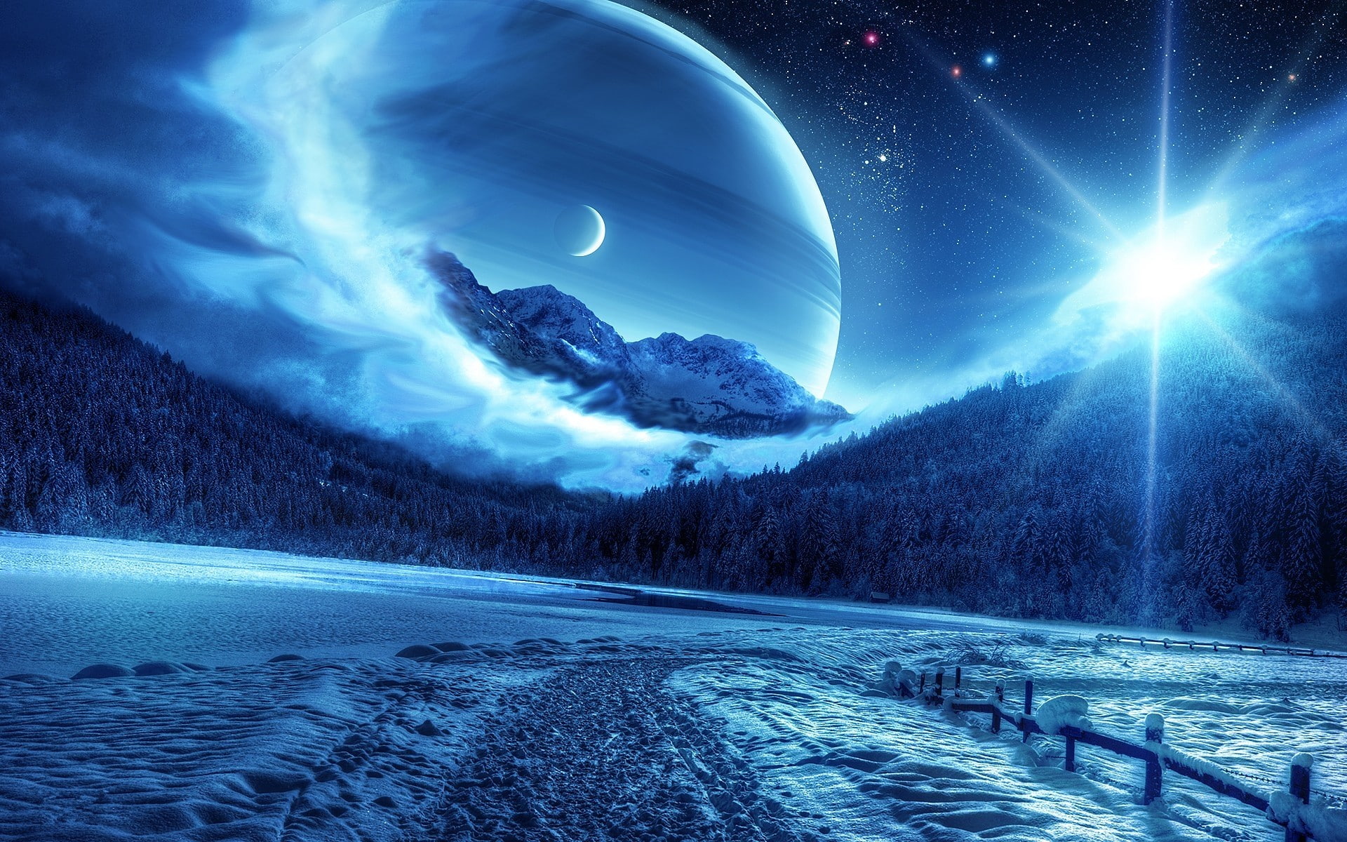 Winter, landscape, nature, snow, astronomy, Night, cloud - sky, cold temperature, 1080P, space, mountain,  fantastic landscape, blue, star - space, scenics - nature, HD Wallpaper