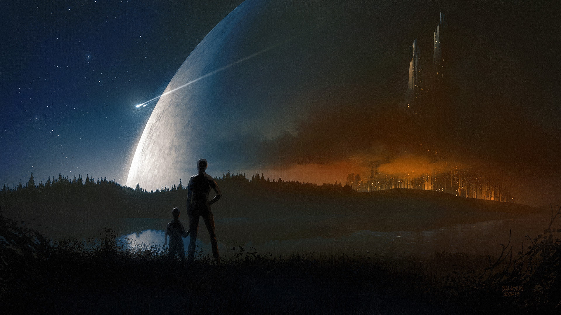 Fantastic, city, fi, fantasy, world, space, mood, Moon, stars, sci, 1080P, planet, HD Wallpaper