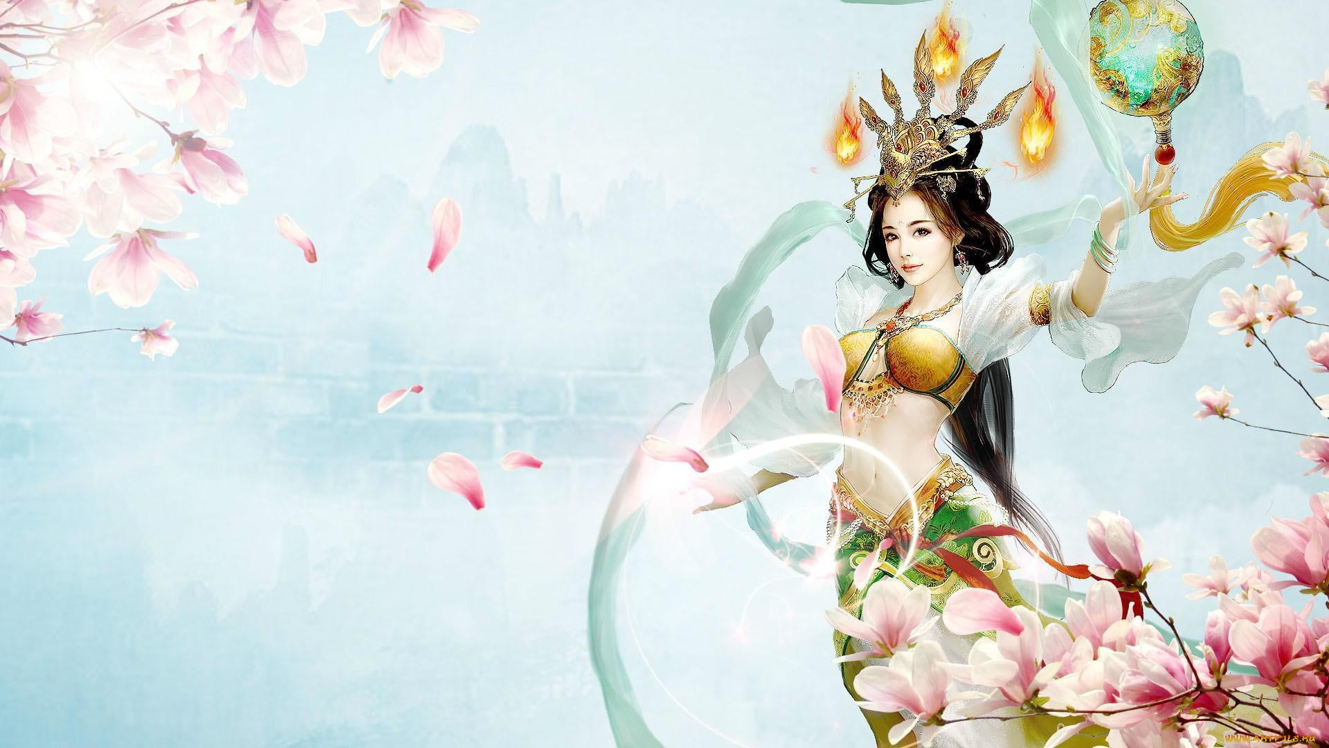 digital composite, arms raised, art and craft, representation, flower, outdoors, nature, religion, fantasy girl, fragility, day, young adult, flowering plant, HD Wallpaper