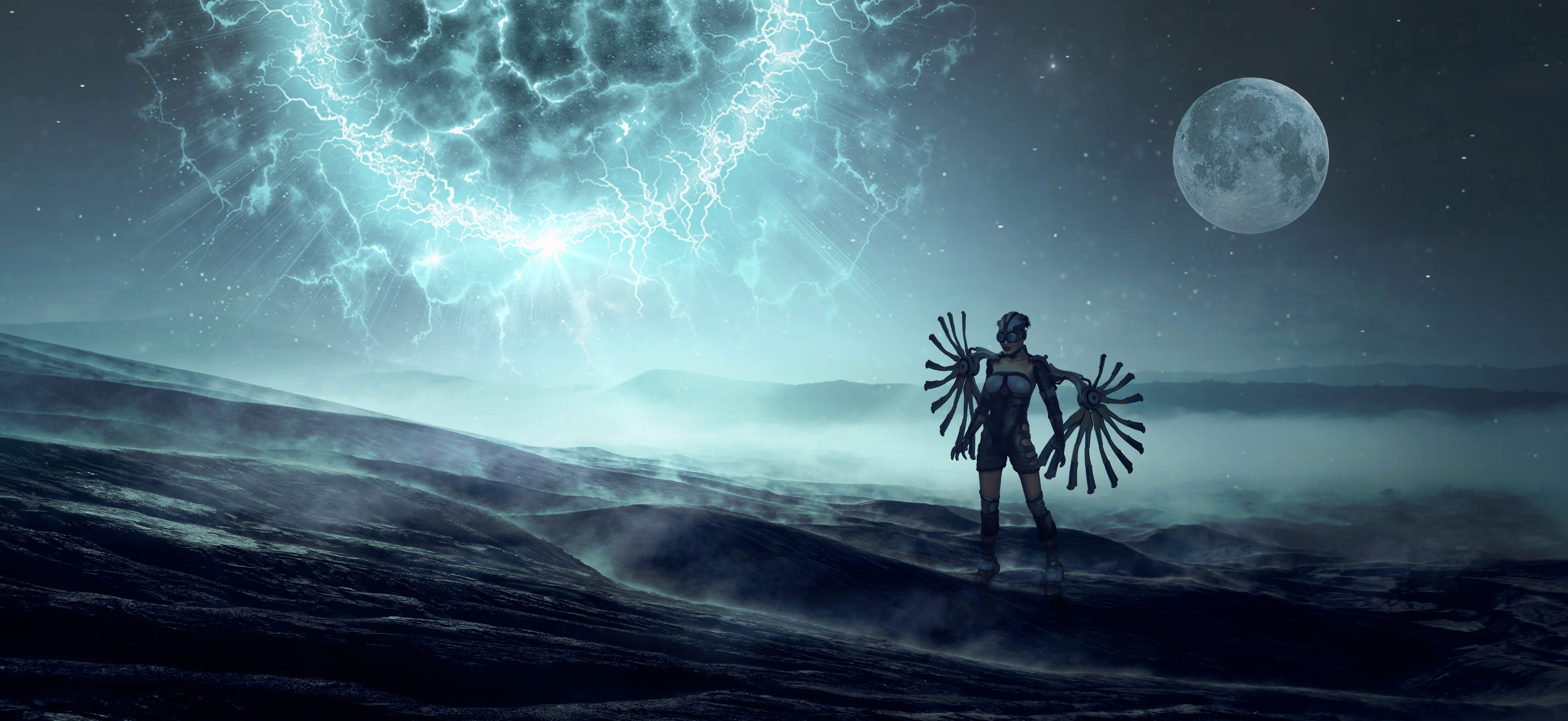 night, surreal, sun, cloud - sky, dark, fantasy, composing, outdoors, woman, star - space, landscape, photomontage, mystical, moon surface, space, scenics - nature, HD Wallpaper