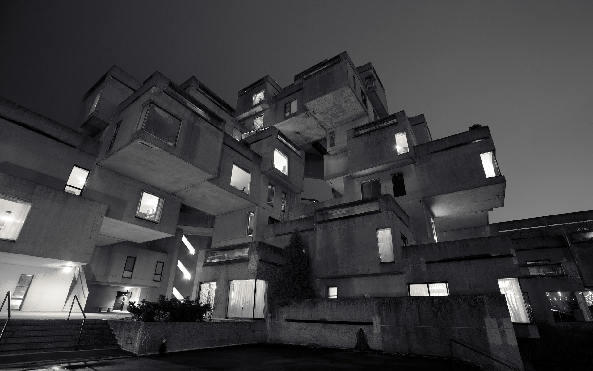 Habitat 67, Canada, residential district, illuminated, architecture, nature, stairs, clear sky, apartment, Moshe Safdie, window, low angle view, built structure, HD Wallpaper