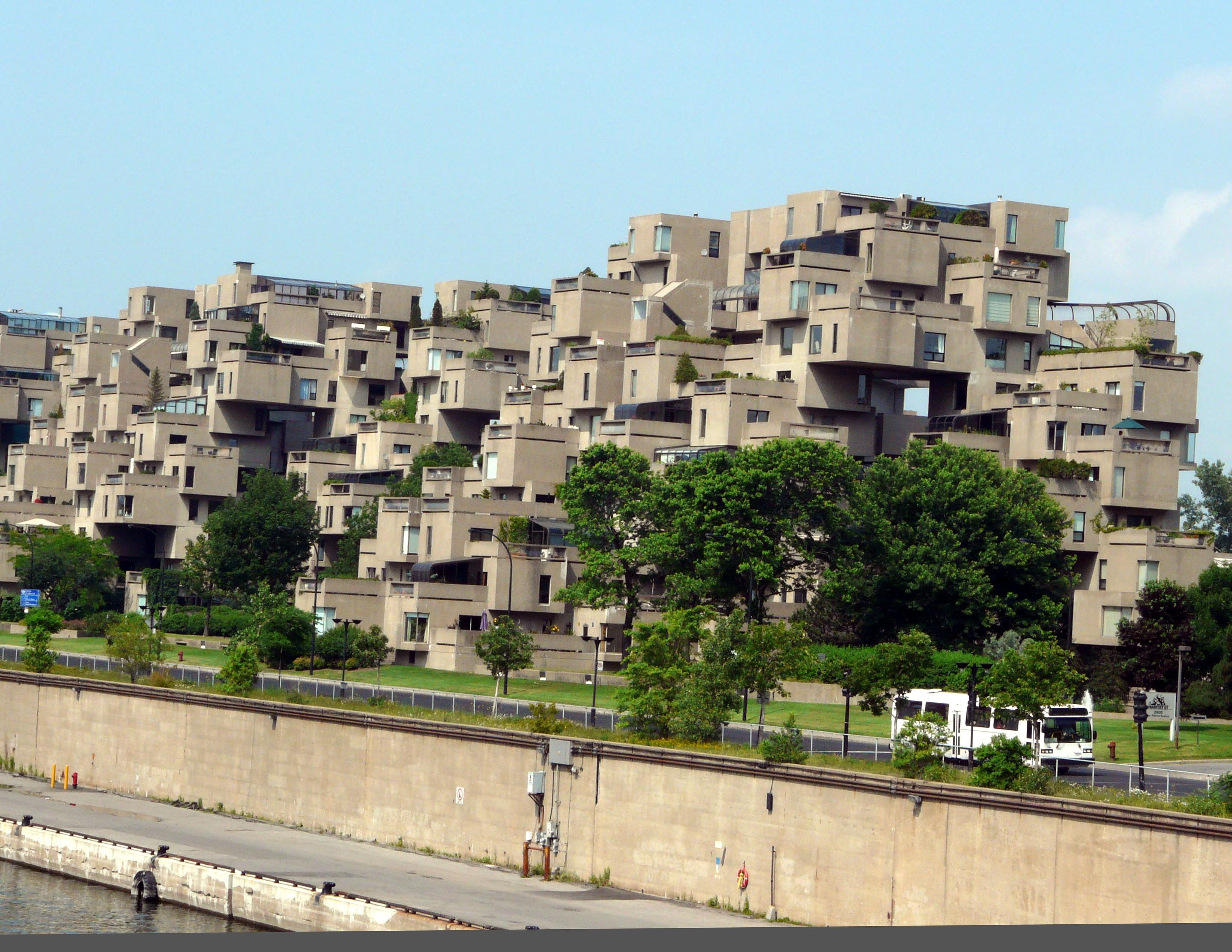 modular building, architecture, nature, sky, plant, road, white, building exterior, incidental people, street, residential district, Habitat 67, transportation, HD Wallpaper