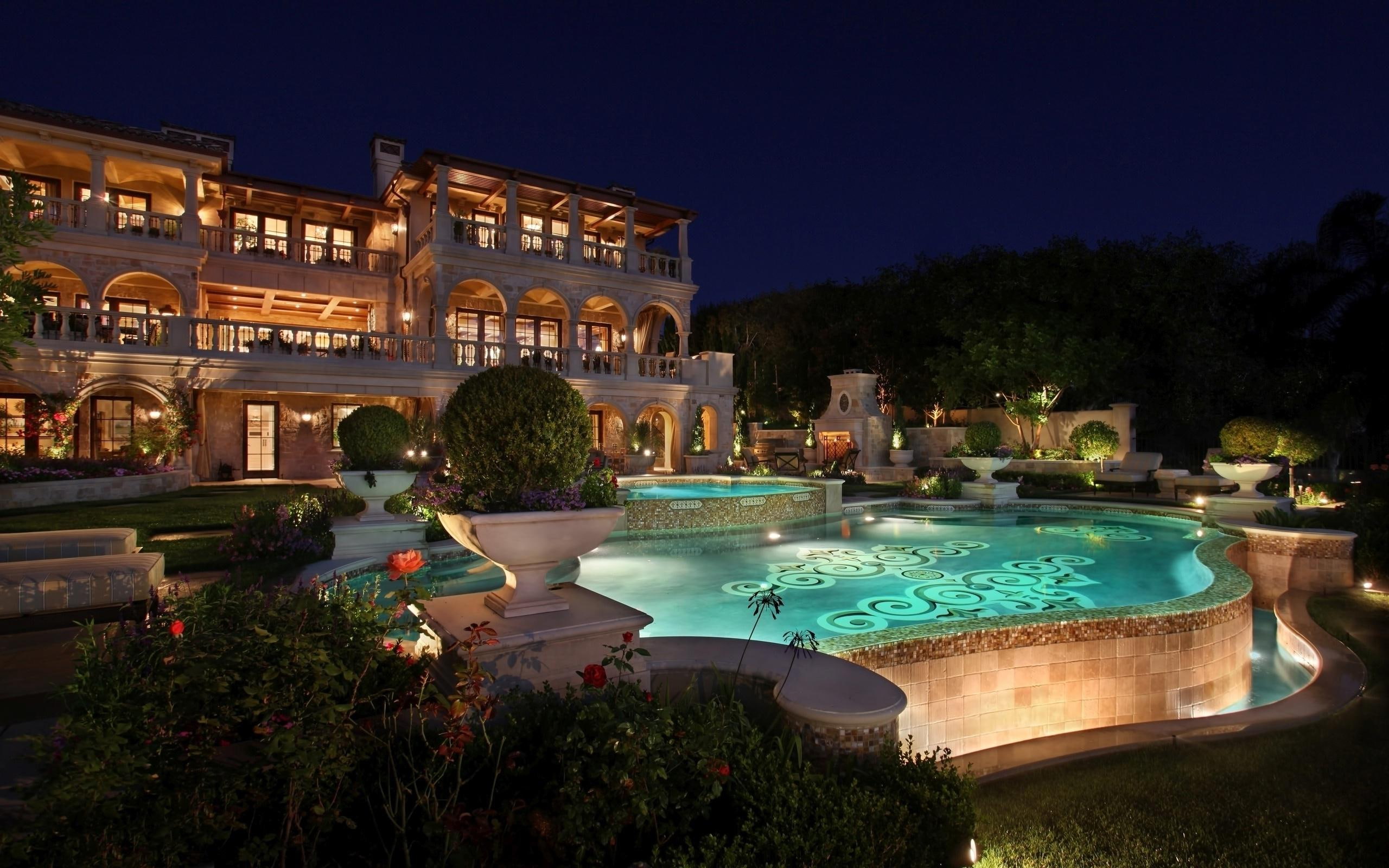 plants, mansion, pool, building, 2K, 2560x1600, world, splendid, ground, HD Wallpaper