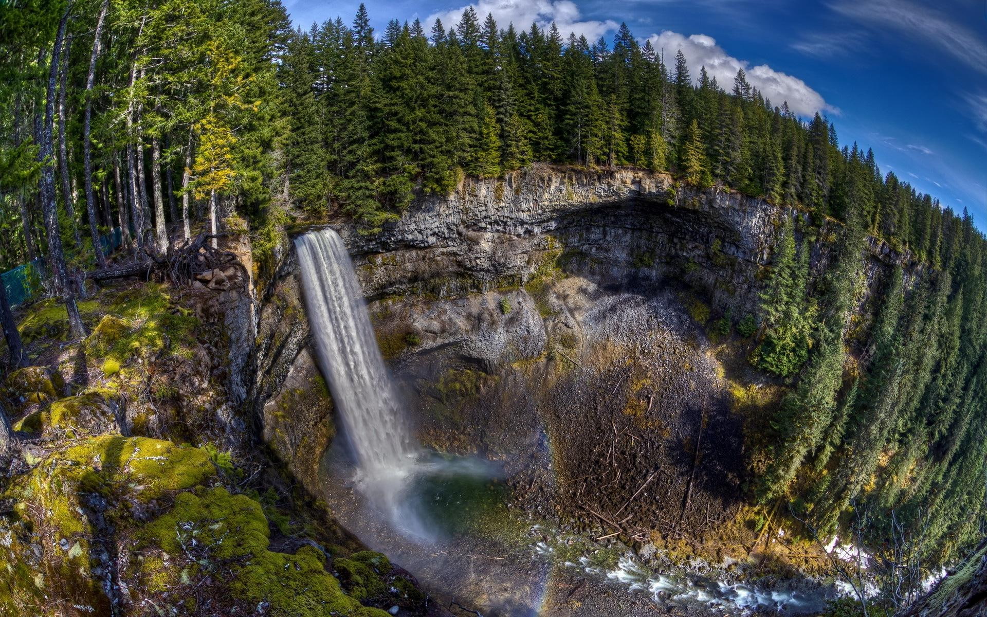 surrounded, lake, waterfalls, pine, green, cliff, tree, 1080P, nature, waterfall, trees, 1920x1200, splendid, HD Wallpaper