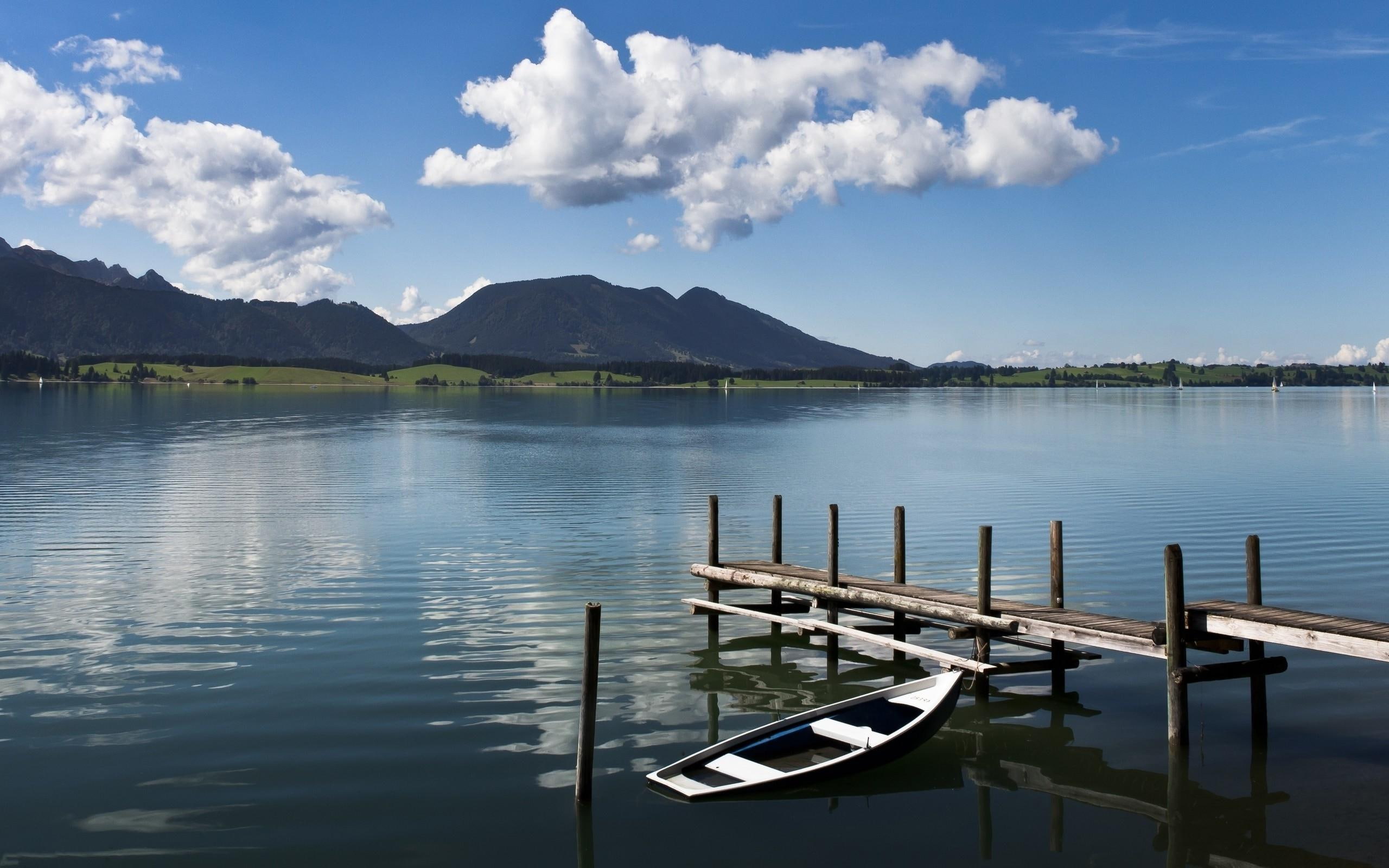 dock, 2K, splendid, lake, hill, nature, cloud, rowboat, near, water, 2560x1600, body, HD Wallpaper
