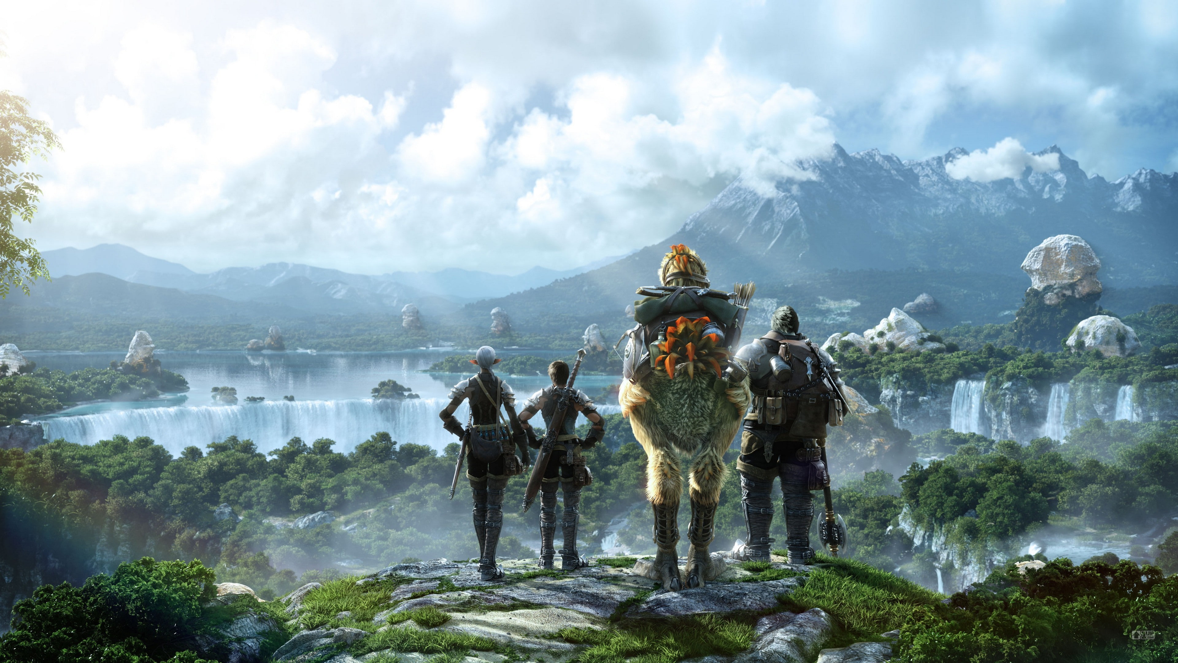 video games, Final Fantasy, digital art, Final Fantasy XIV: A Realm Reborn, Chocobo, Final Fantasy XIV, looking into the distance, fantasy art, 4K, waterfall, HD Wallpaper