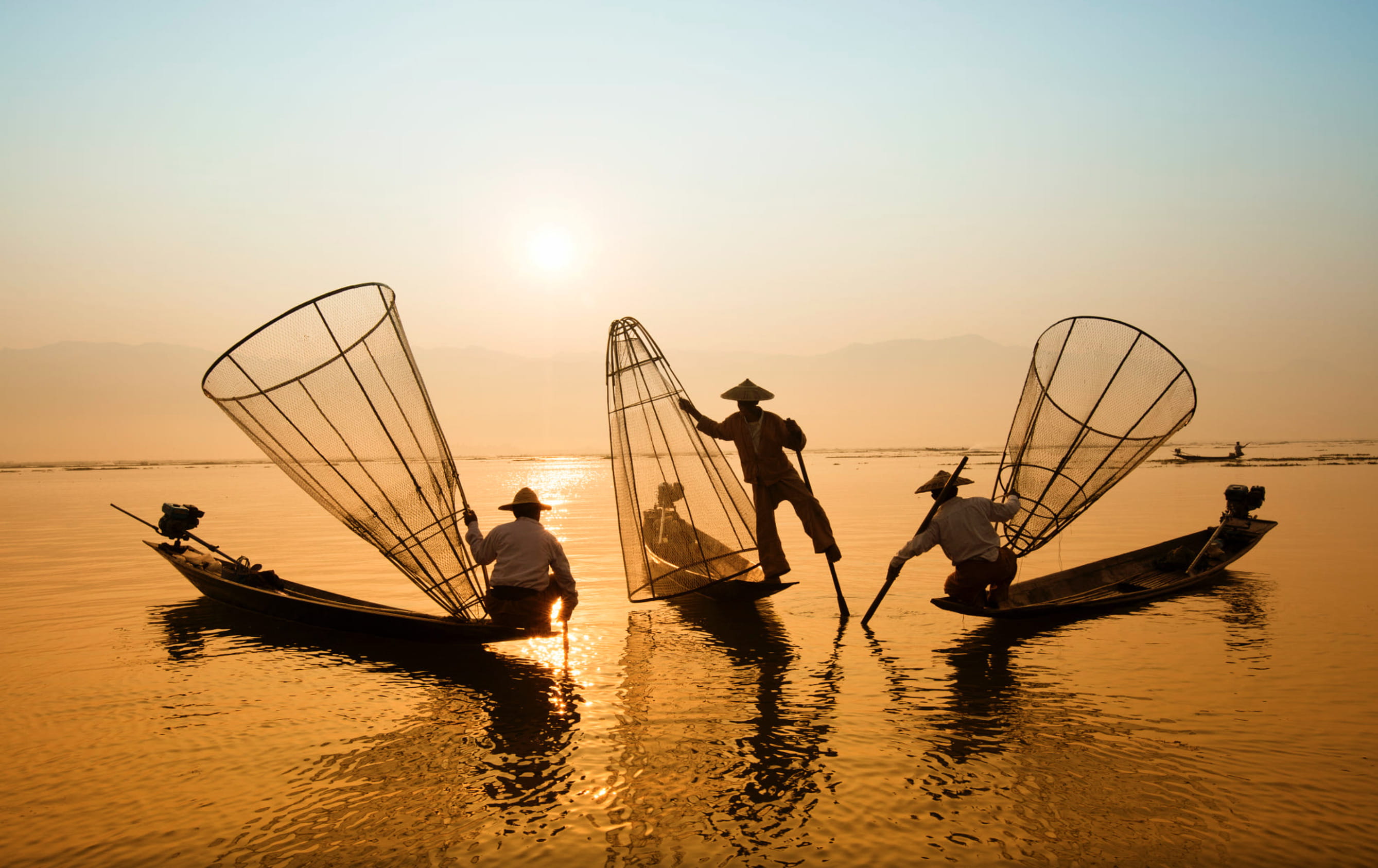sea, two people, dusk, activity, fishing net, sky, transportation, mode of transportation, backlit, water, fishermen, dawn, men, fishing industry, fisherman, HD Wallpaper