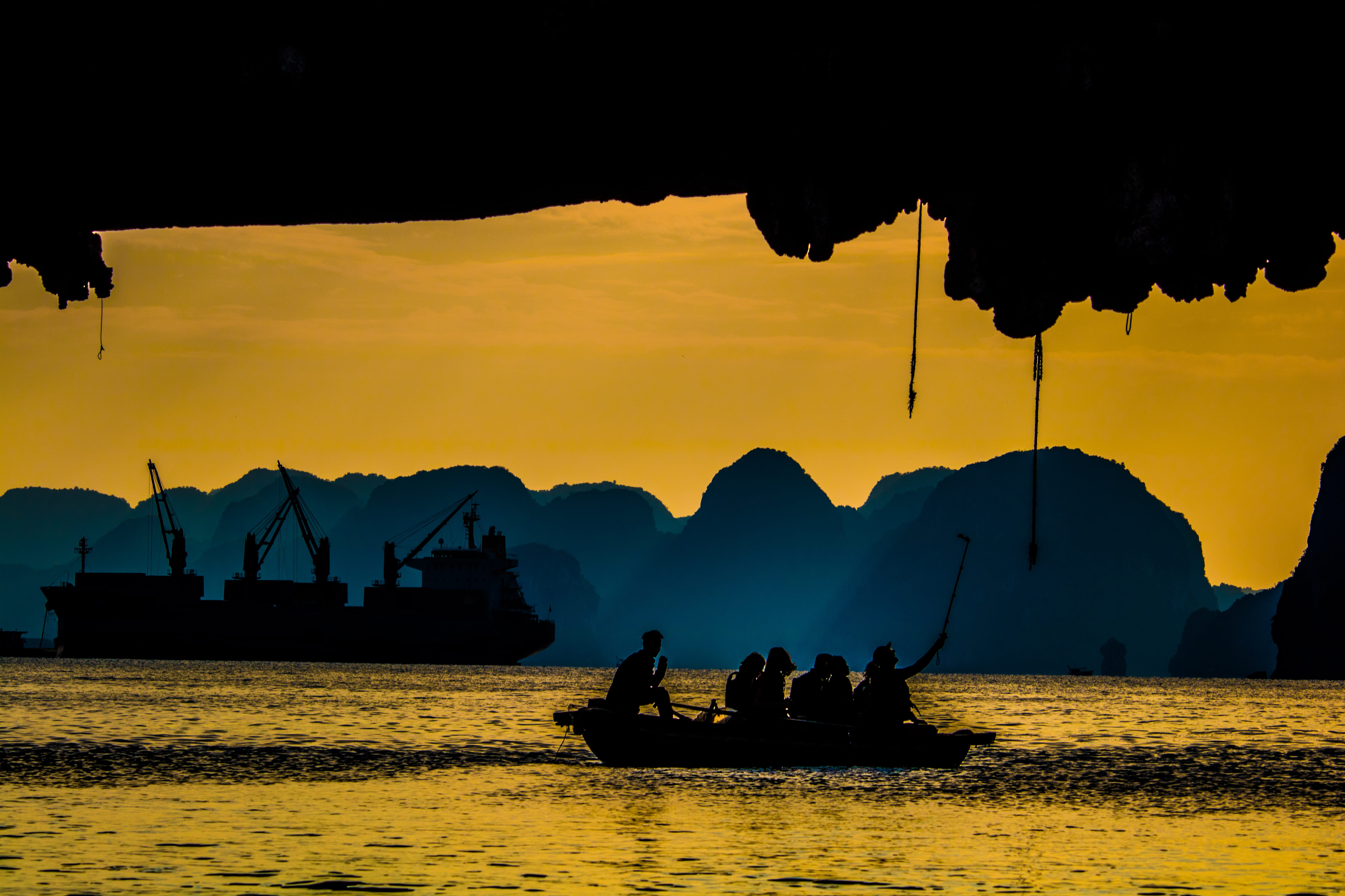boat, men, transportation, nautical vessel, formation, sky, sunset, sea, waterfront, group, dark, orange color, rock, canoe, mode of transportation, real people, HD Wallpaper