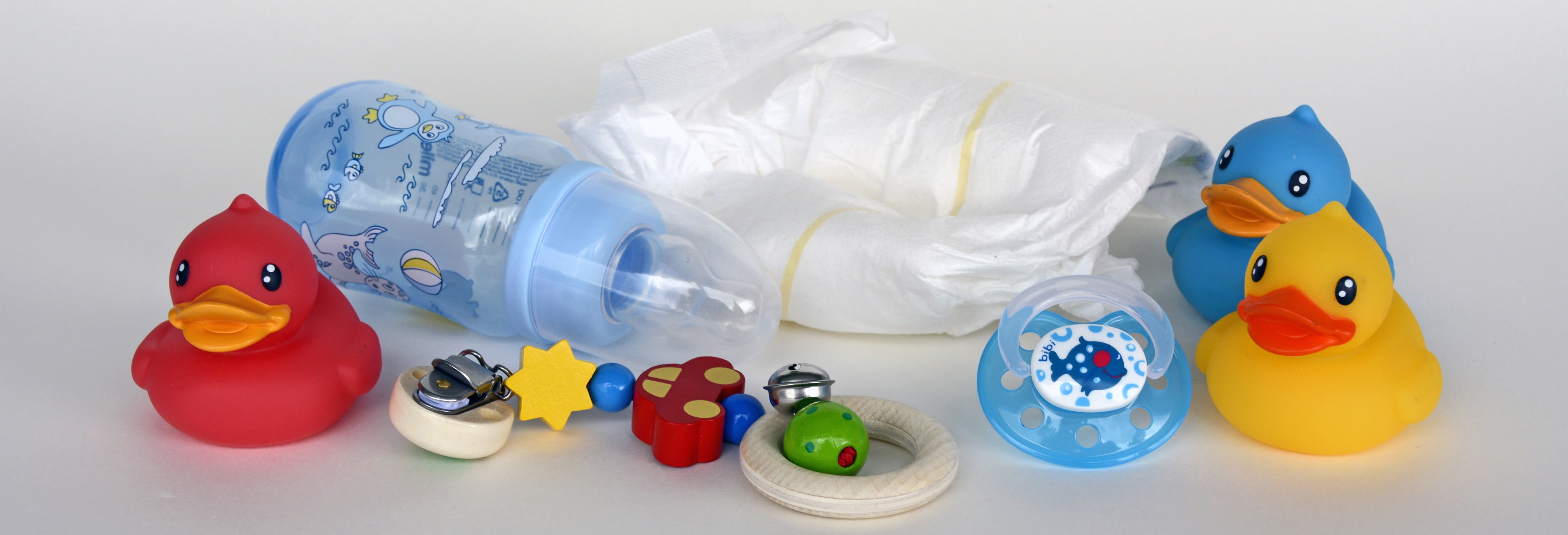 yellow, red, multi colored, toy, toys, studio shot, bottle, high angle view, assorted, baby bottle, large group of objects, duck, animal themes, baby, small child, HD Wallpaper
