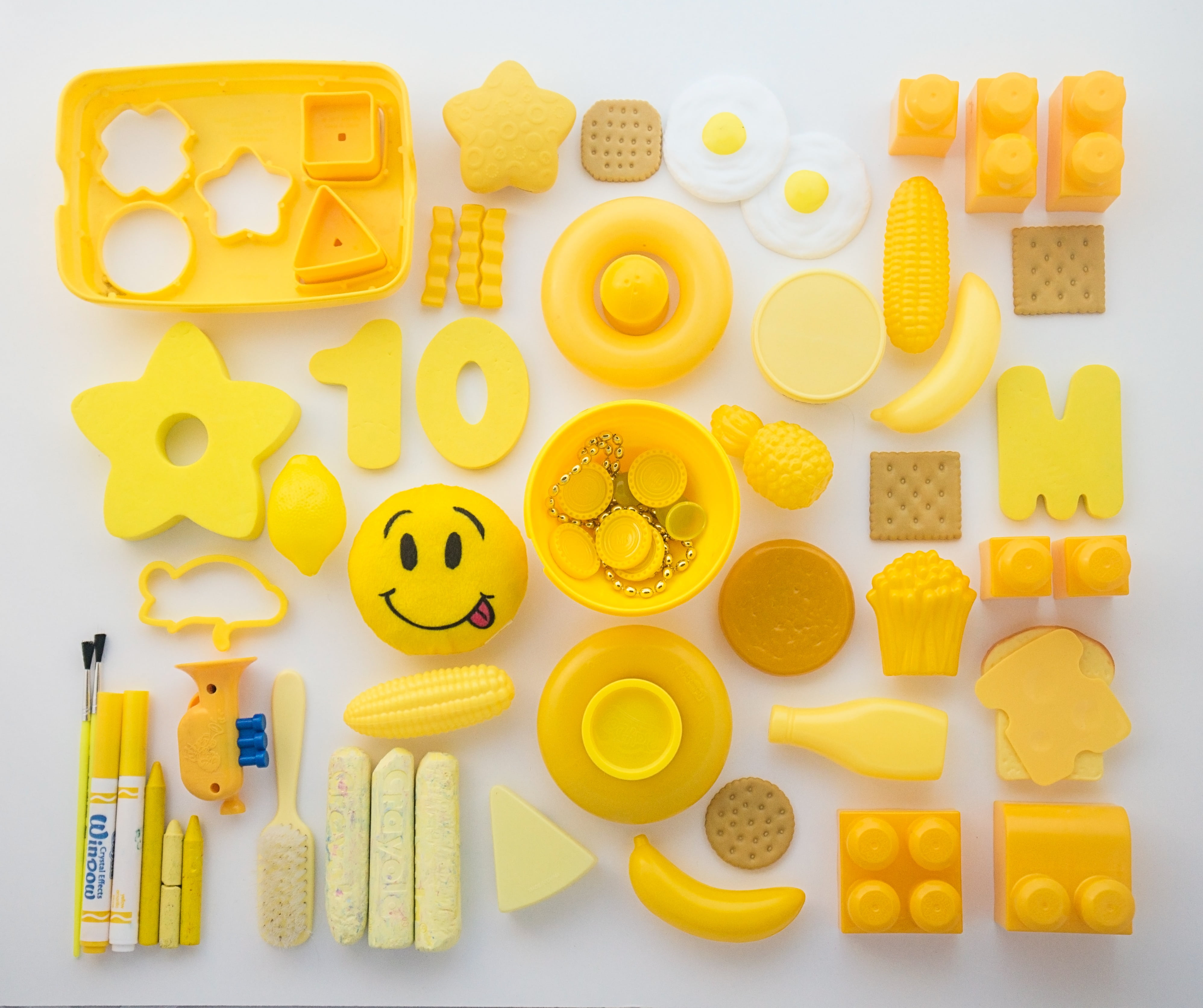 indoors, collection, abundance, plastic, no people, creative, yellow, day, white background, toy, design, studio shot, toys, arrangement, directly above, HD Wallpaper