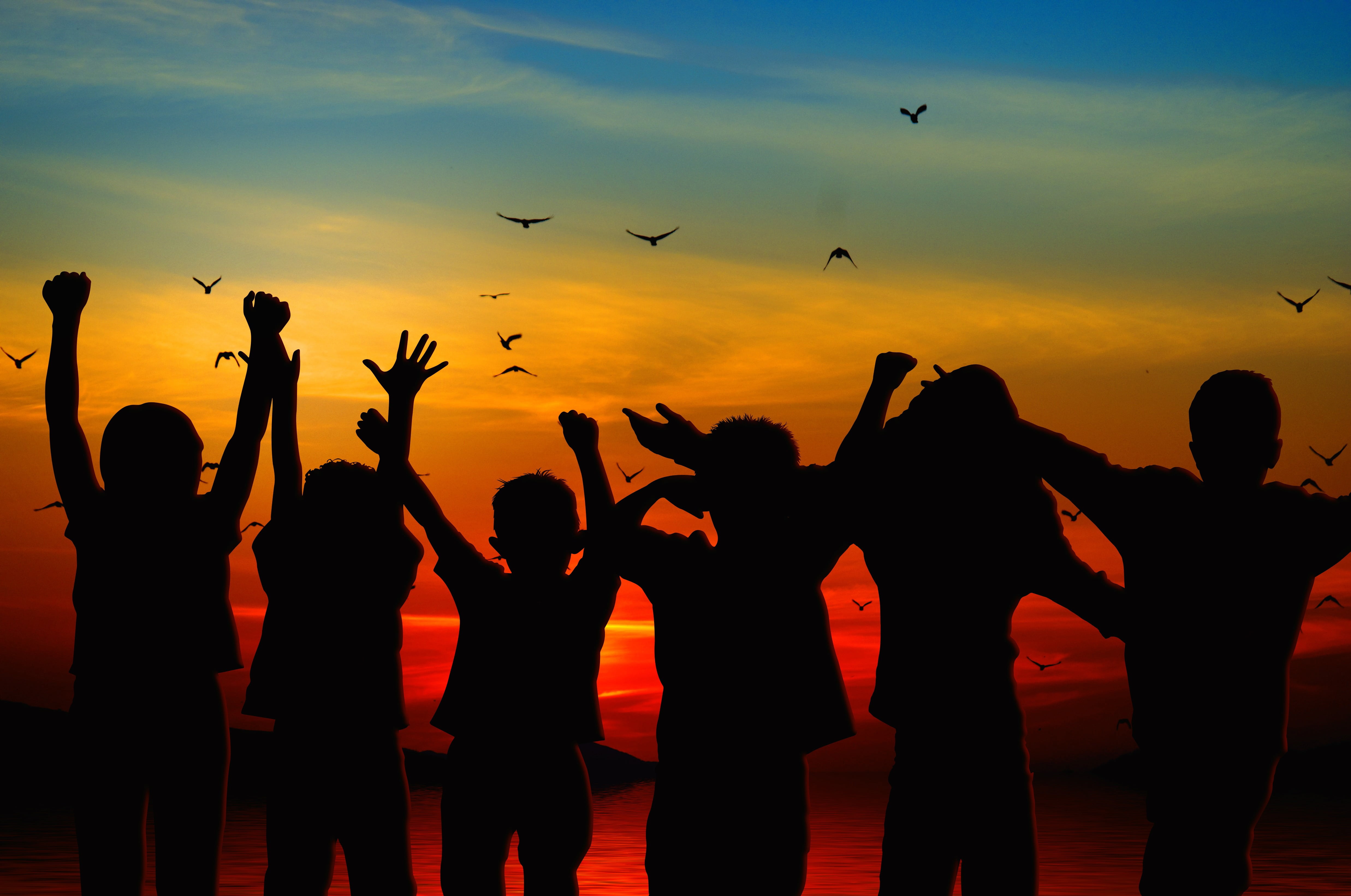 togetherness, fun, human limb, light, nature, bill, vertebrate, party - Social Event, positive, dynamic, joy, 4K, orange color, children, person, expectation, HD Wallpaper