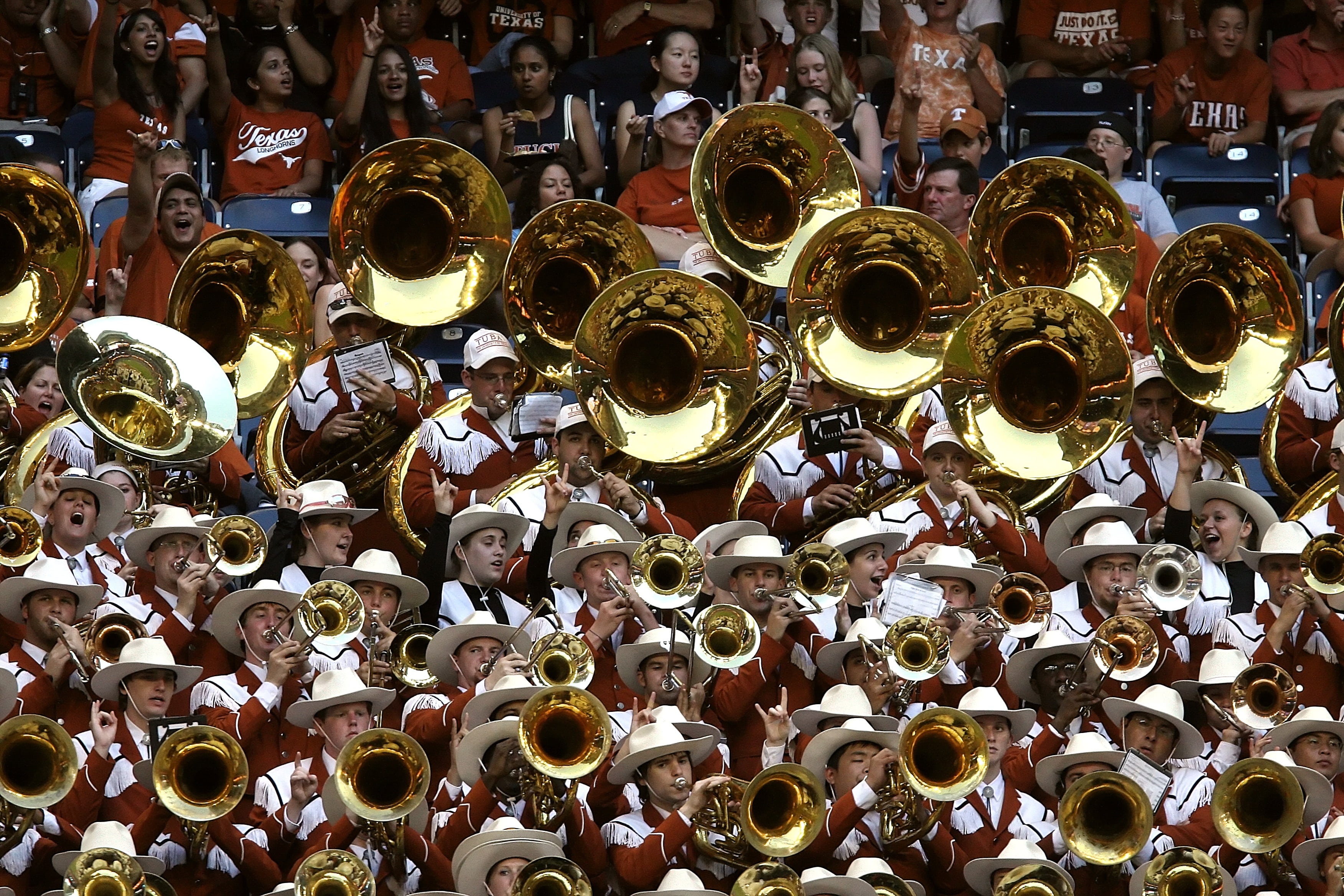large group of objects, golden, people, sound, clothing, day, parade, performing, performance, festive, enthusiasm, college football game, brass band, togetherness, HD Wallpaper
