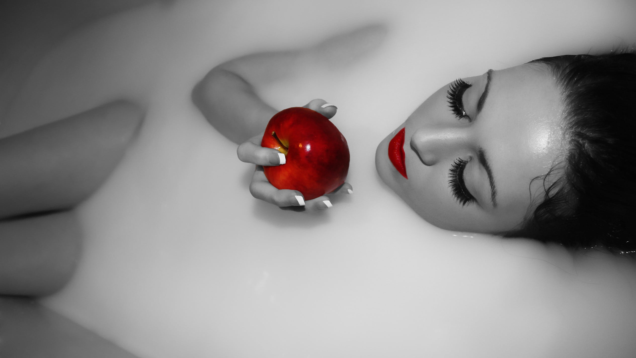 red lipstick, selective coloring, headshot, healthy eating, one person, human face, indoors, milk bath, wellbeing, women, human body part, studio shot, HD Wallpaper