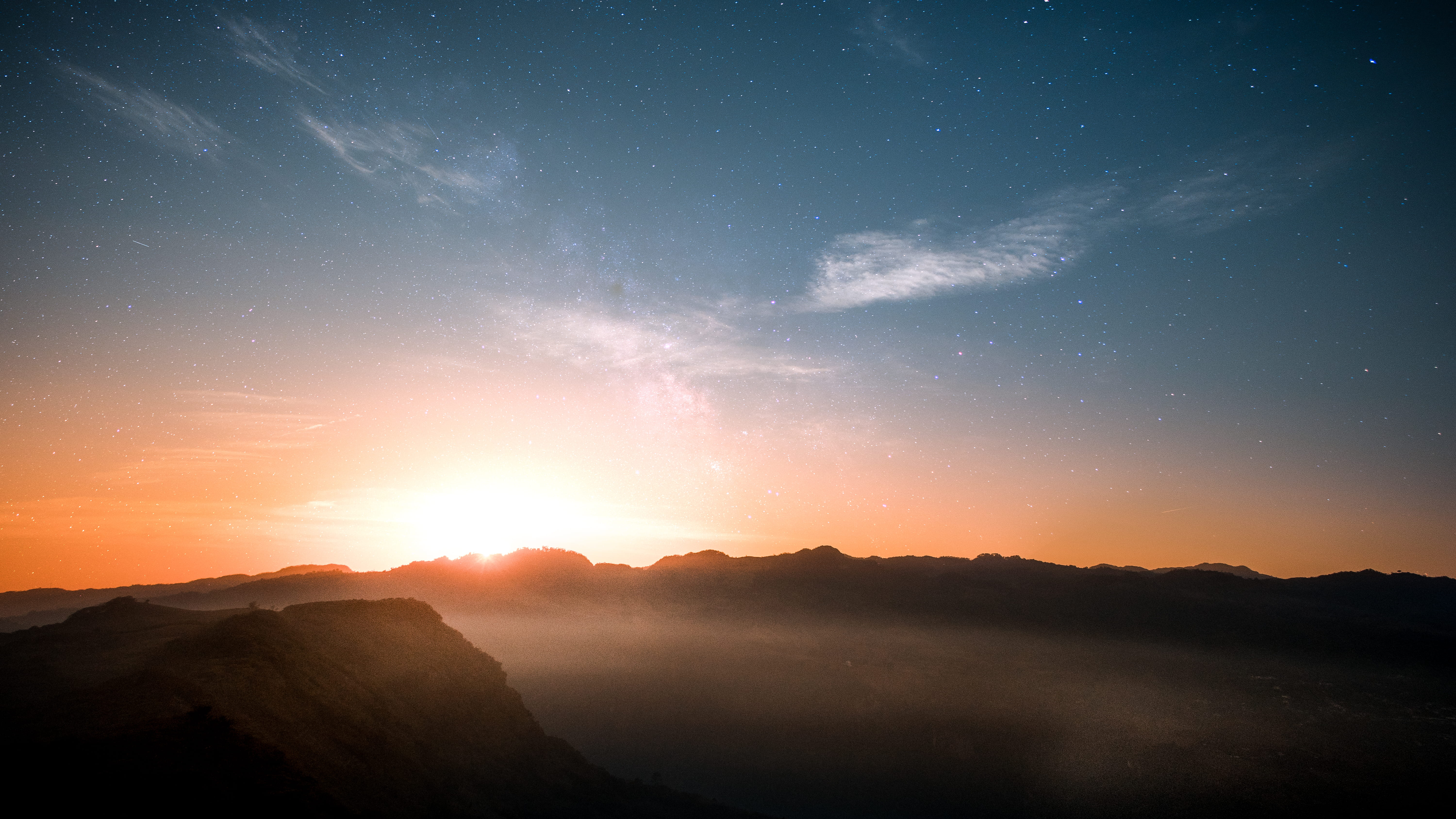 star, science, night, 5K, alb, scenics, cloud - Sky, mountain, glowing, light, mountain Peak, orange, light - Natural Phenomenon, milky Way, blue, landscape, HD Wallpaper
