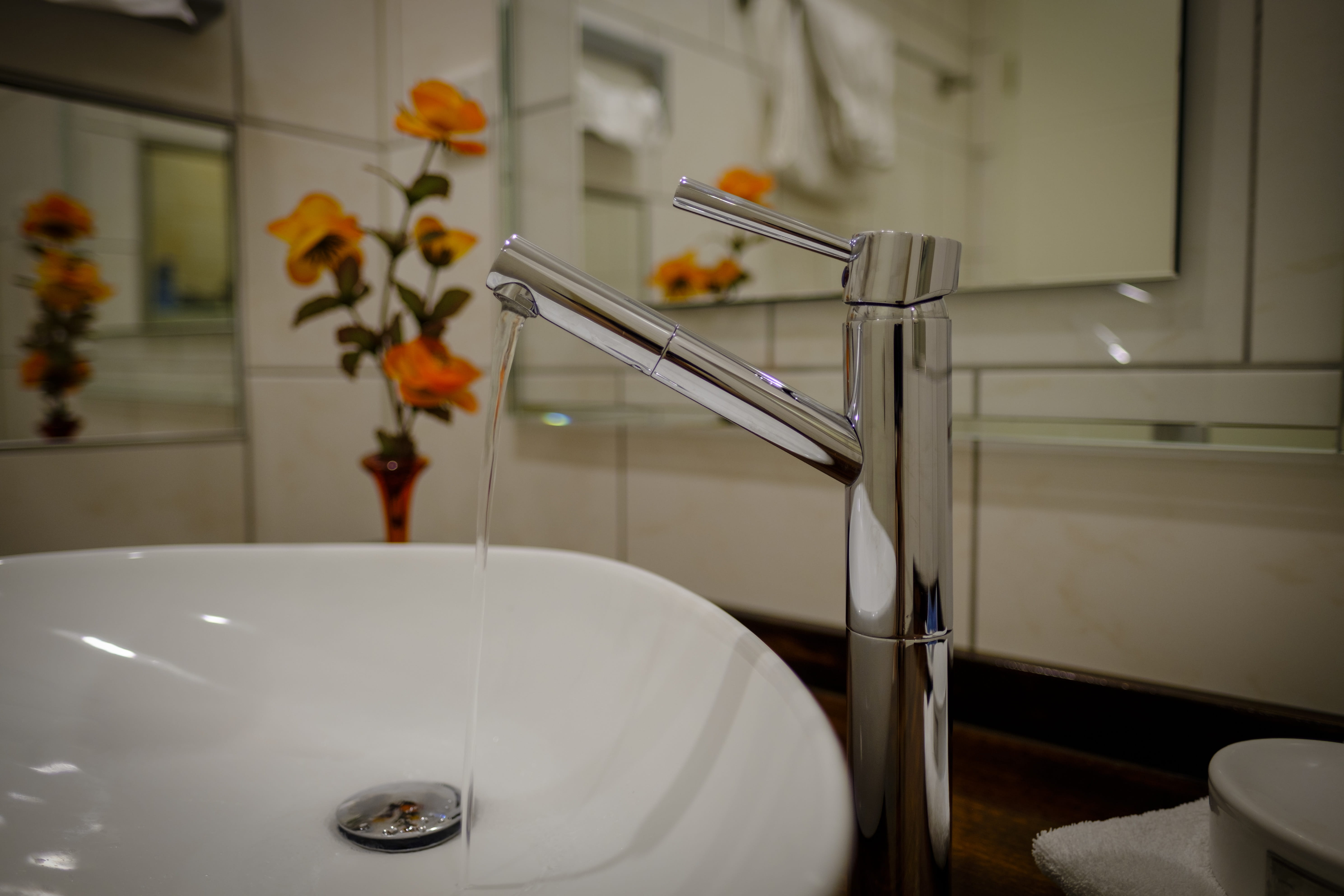 luxury, water, focus on foreground, faucet, household equipment, chrome, flower, modern, mirror, bad, reflection, neat, indoors, no people, metal, domestic room, HD Wallpaper