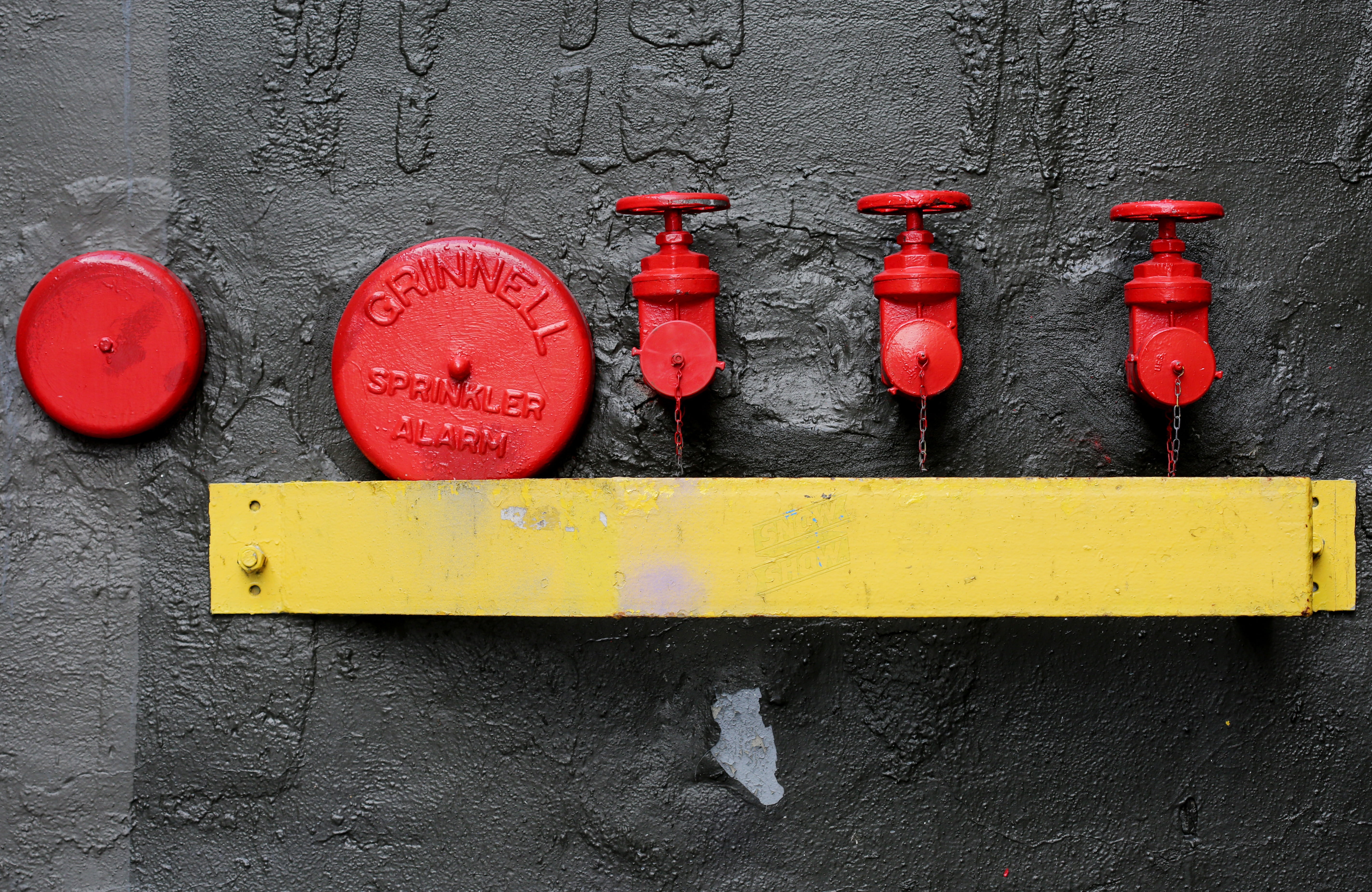 sprinkler, technology, yellow, wall - building feature, communication, water, emergency, side by side, day, text, outdoors, sprinklers, fire hydrant, protection, HD Wallpaper