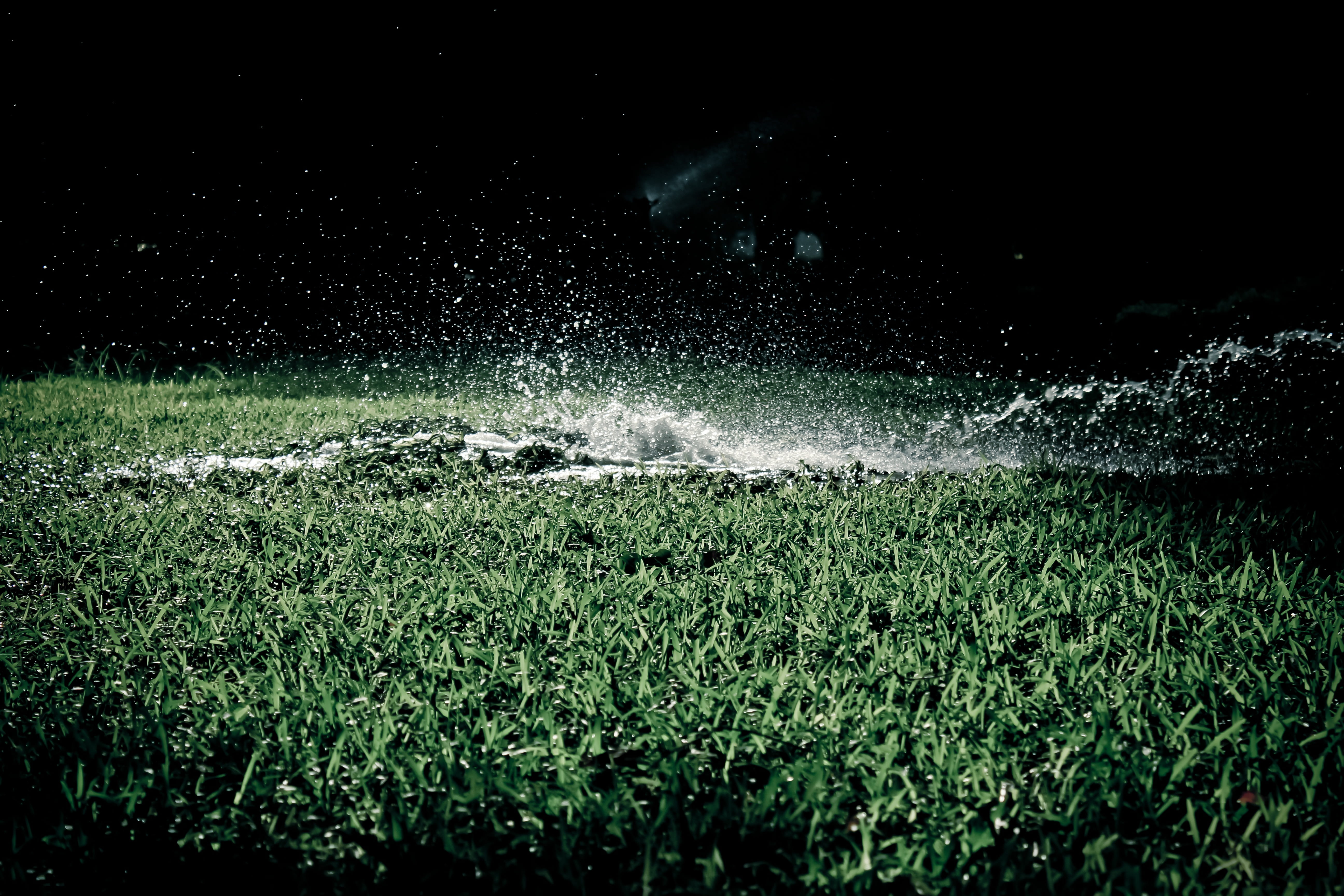 spray, outdoor, green, field, water, wet, green color, drops, water drop, garden, splashing, watering, close, 5K, yard, spring, nature, landscape, night, HD Wallpaper