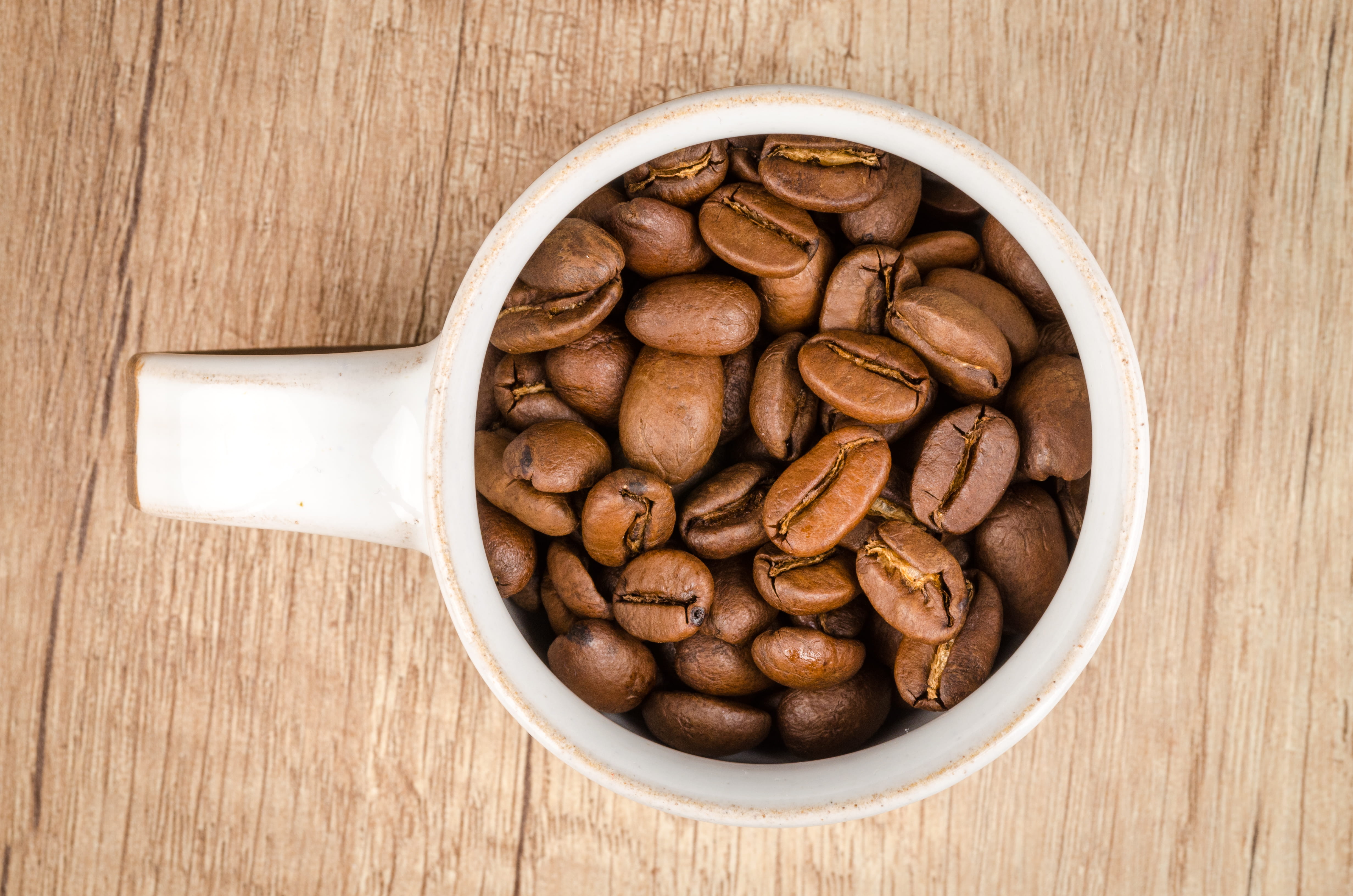 high angle view, raw, from above, food, refreshment, close-up, 4K, inside, caffeine, directly above, white, coffee, wood - material, roasted coffee bean, HD Wallpaper