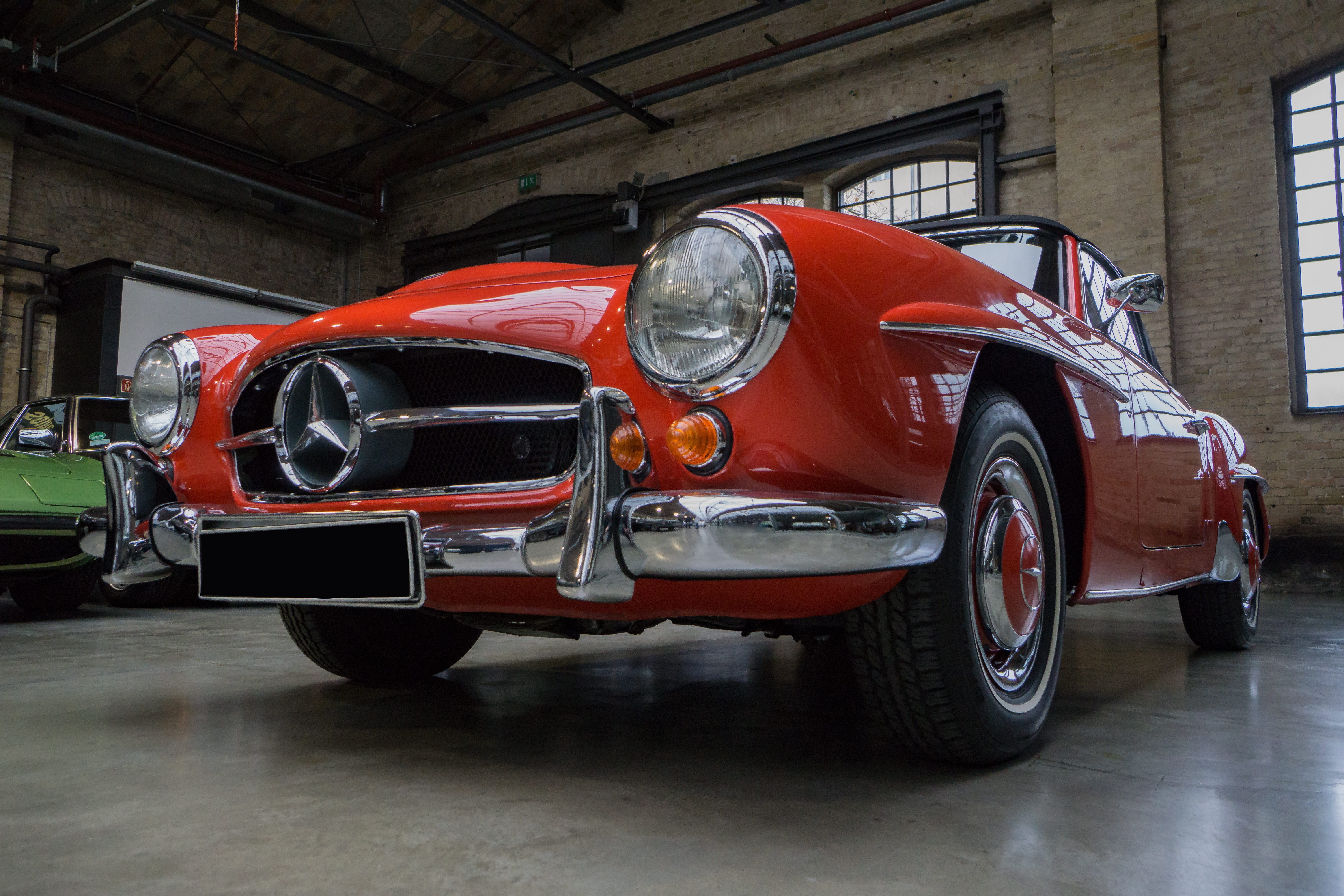 car, garage, luxury, building, retro styled, 190 sl, 190sl, stationary, metal, beautiful, mercedes, mercedes benz 190 sl, historically, tire, inside, 5K, HD Wallpaper