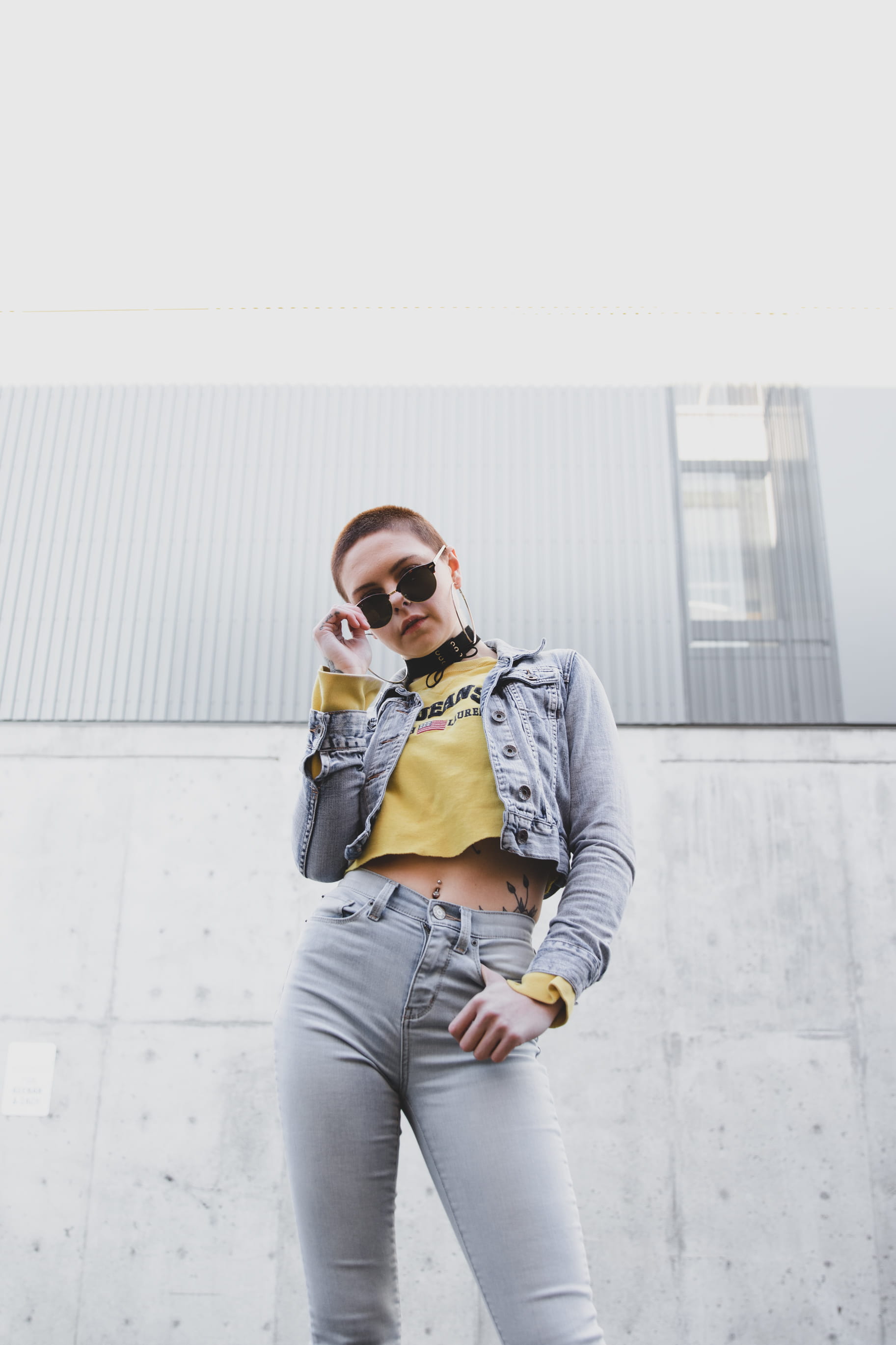 blue jeans, jeans, front view, blurred background, beauty, female, portrait, urban, young adult, yellow shirt, sunglasses, day, attractive, glasses, lips, Phone HD Wallpaper