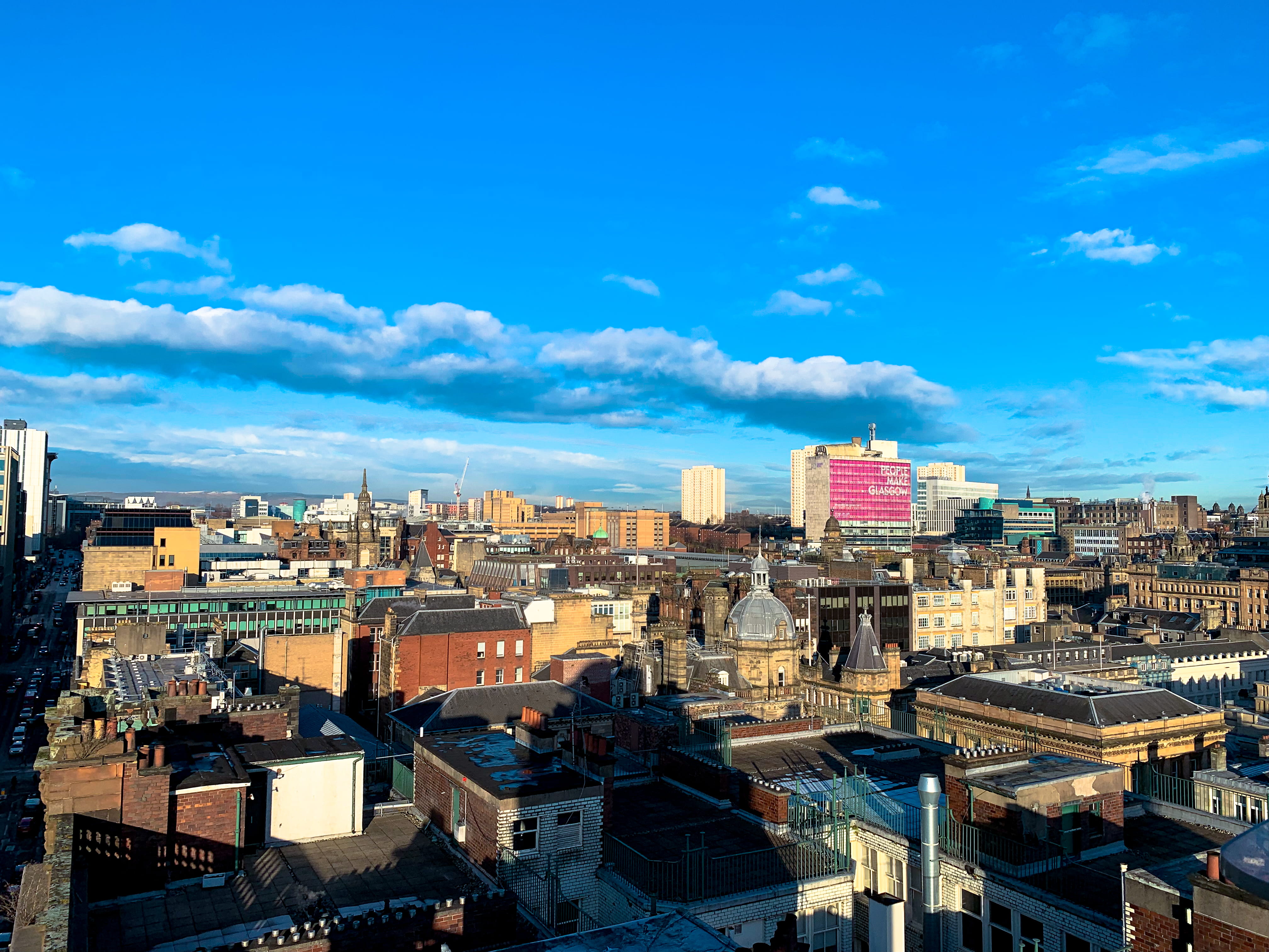 city life, built structure, glasgow, building exterior, office building exterior, buildings, outdoors, no people, street, cloud - sky, 4K, day, skyscraper, HD Wallpaper