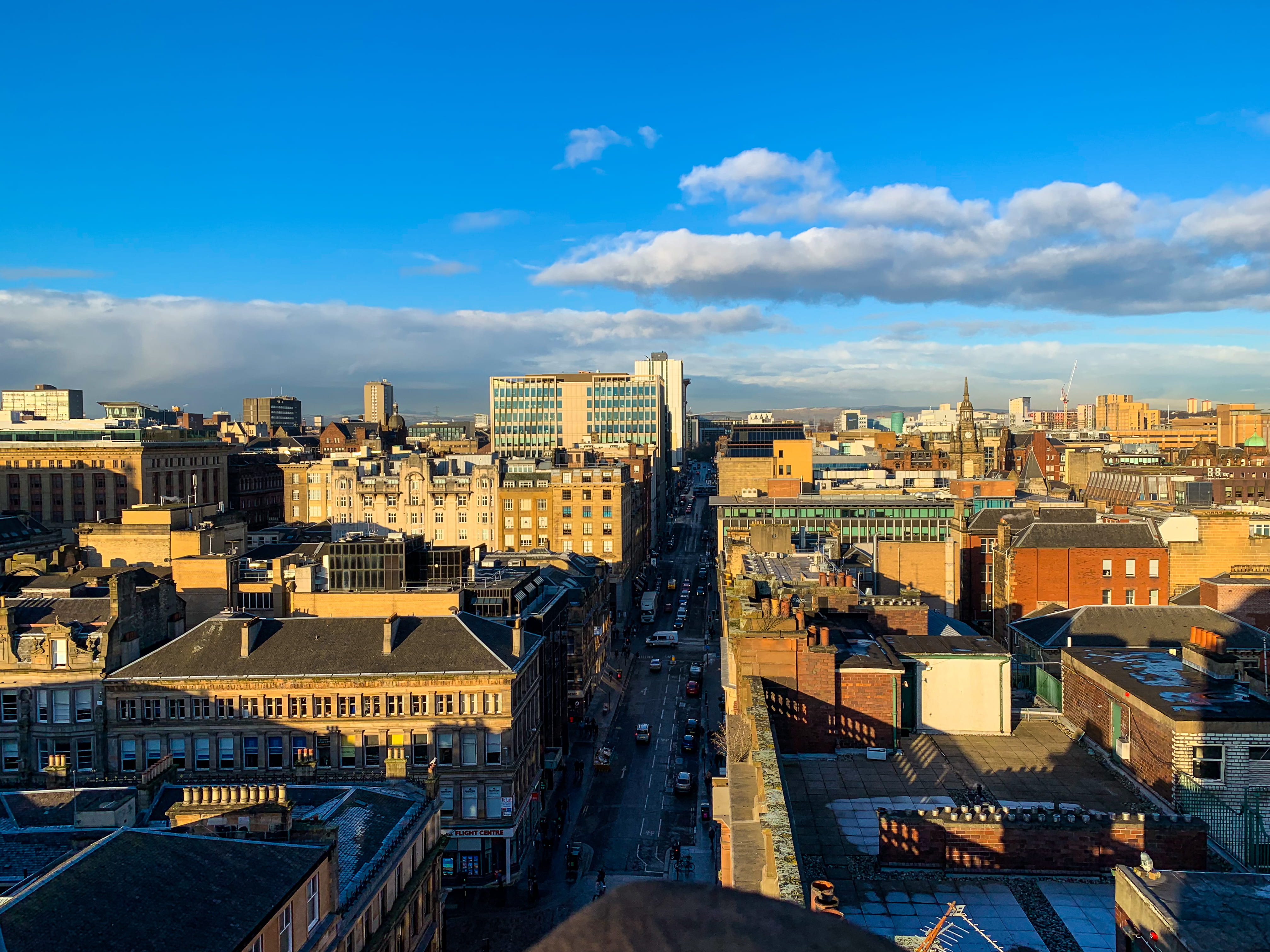 sky, built structure, scotland, crowd, outdoors, city, street, glasgow, skyscraper, settlement, sunlight, architecture, 4K, high angle view, office building exterior, HD Wallpaper