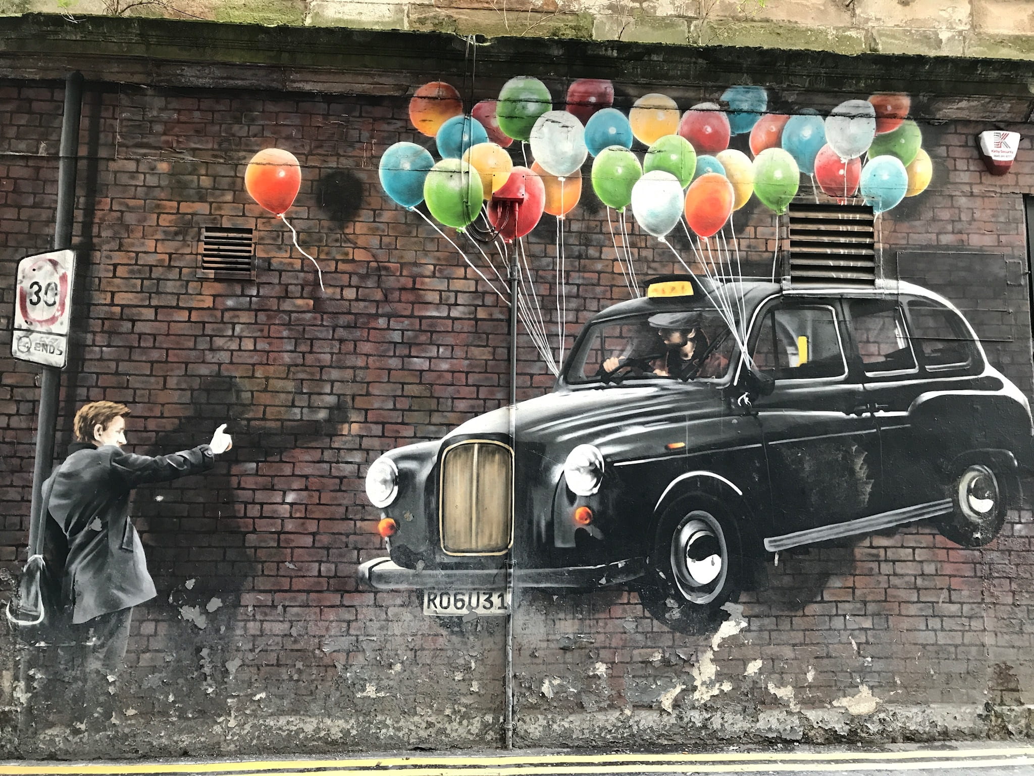 1080P, day, painting, street, black, balloon, mode of transportation, brick wall, car, lighting equipment, decoration, real people, wall - building feature, HD Wallpaper