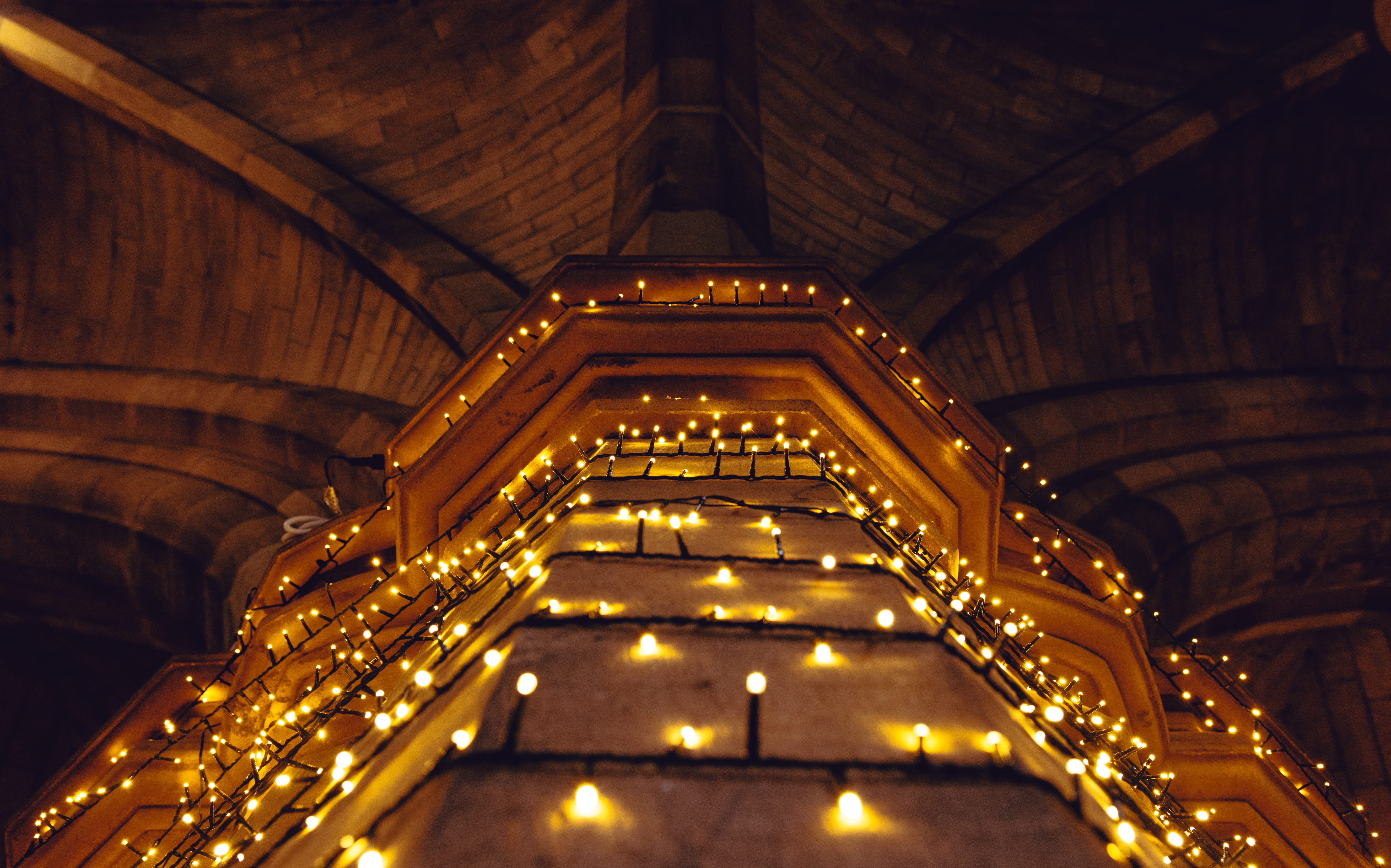 illuminated, bricks, glasgow university, belief, laid in stone, lights, archway, church, building, uk, no people, outdoors, 5K, ceiling, religion, building exterior, HD Wallpaper