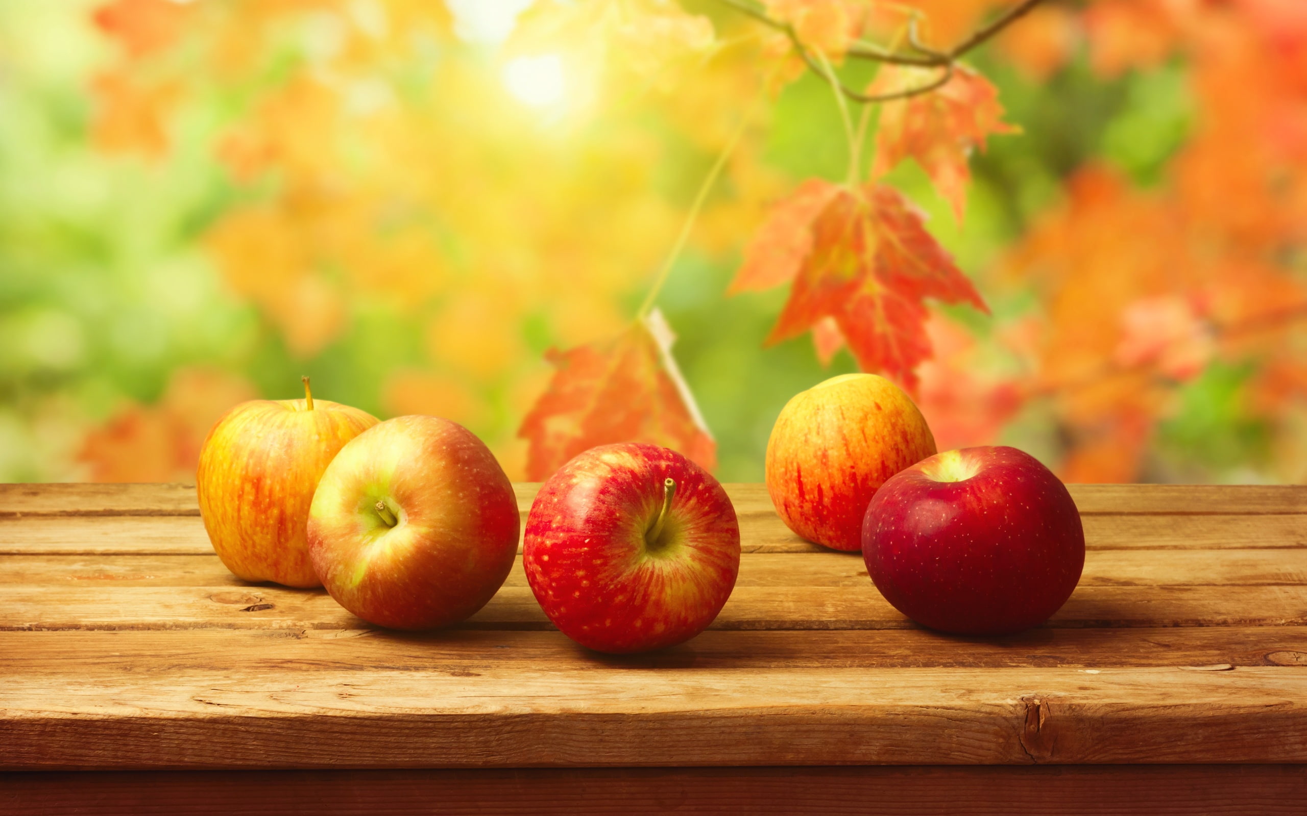 Fruit, Table, Delicious, fruits, Autumn, Apples, Harvest, five, Red, apple, 2K, HD Wallpaper