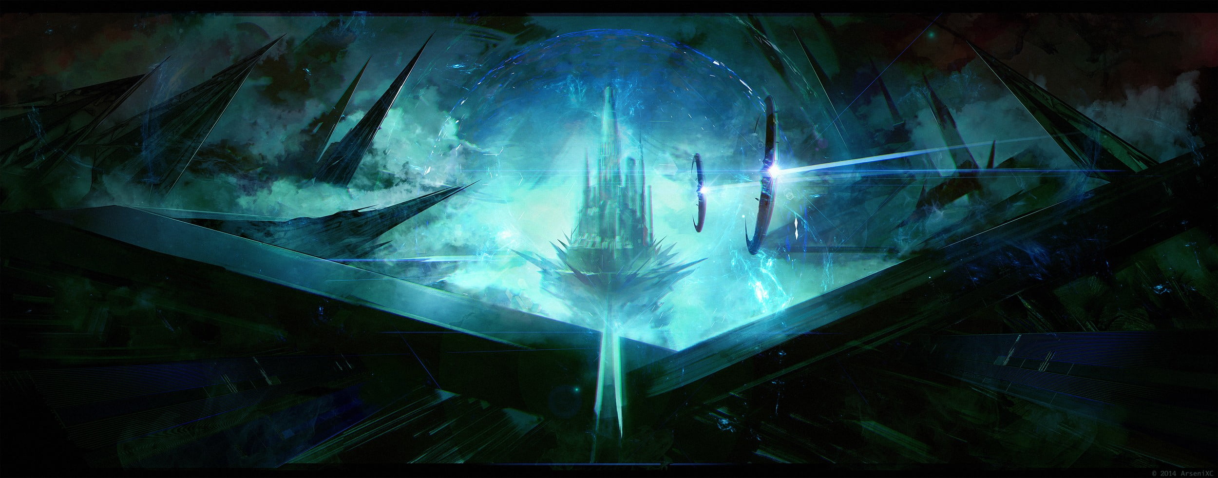 crystal, no people, spaceship, green color, auto post production filter, low angle view, 1080P, nature, transparent, artwork, futuristic, castle, indoors, HD Wallpaper