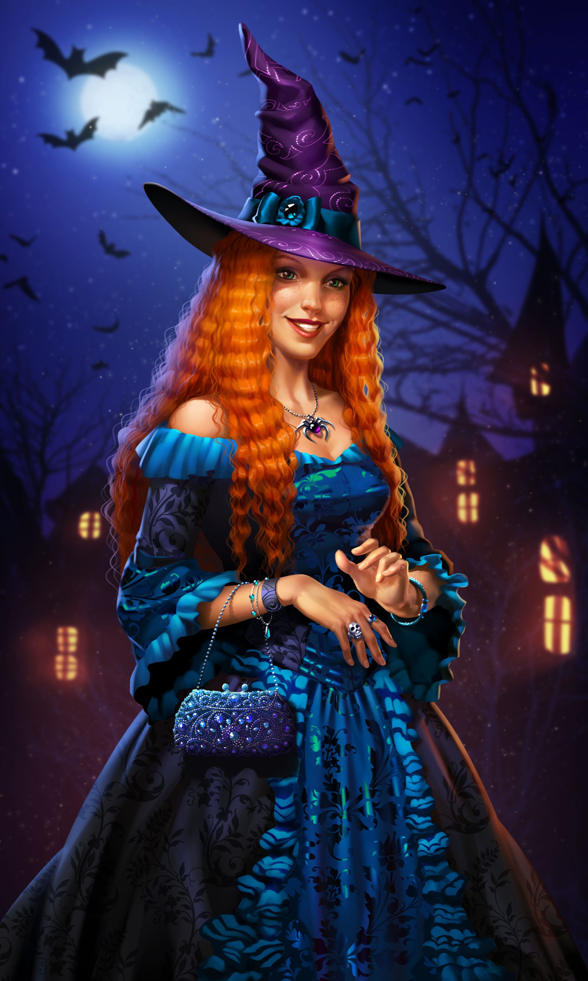 women, curly hair, wizard, bats, rings, night, dress, Vera Velichko, redhead, 4K, long hair, witch, necklace, hat, moonlight, Phone HD Wallpaper