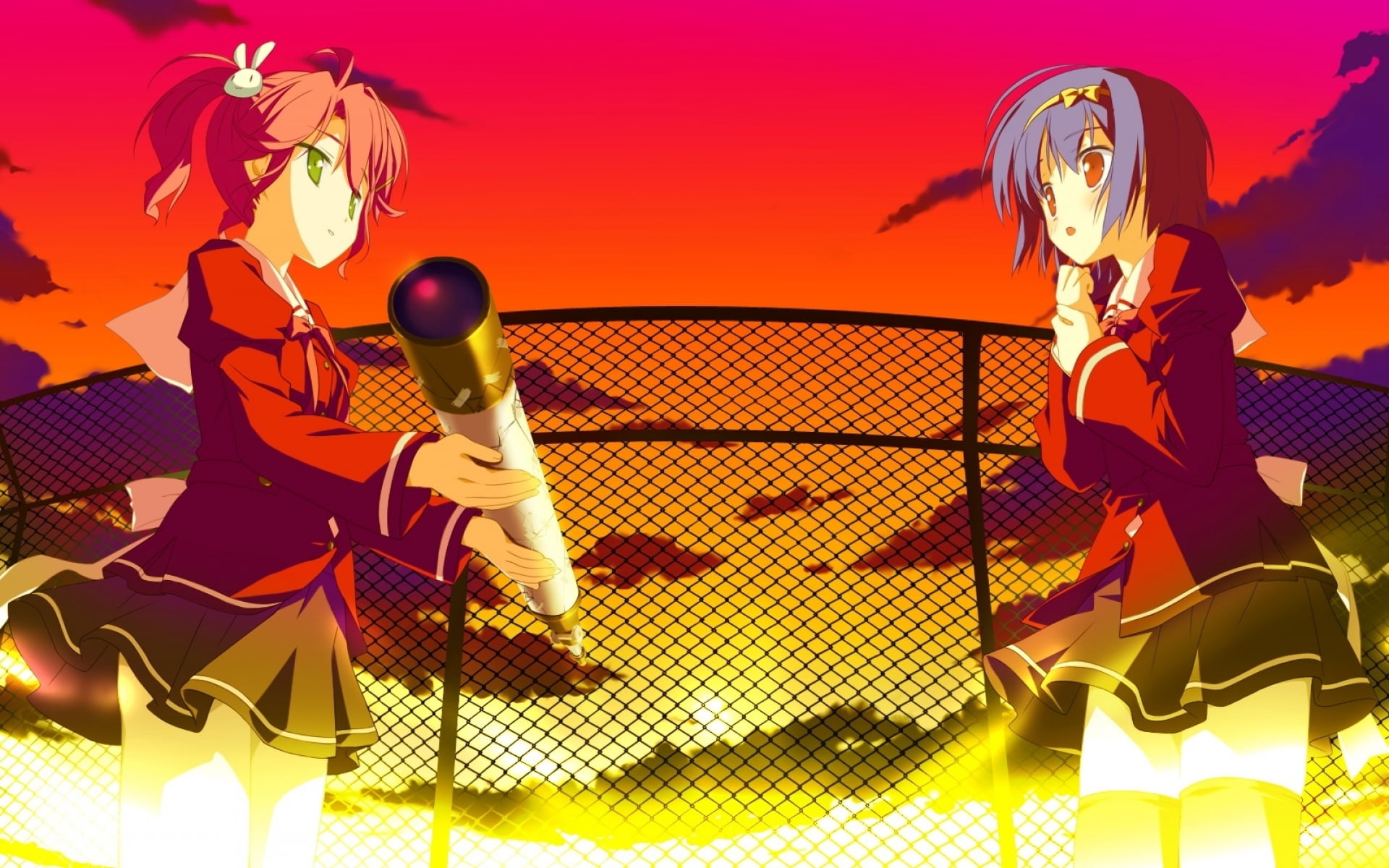 leisure activity, plant, vector, women, sunset, fence, anime, land, red, sky, outdoors, illustration, 1080P, ball, silhouette, activity, fun, sport, multi colored, HD Wallpaper