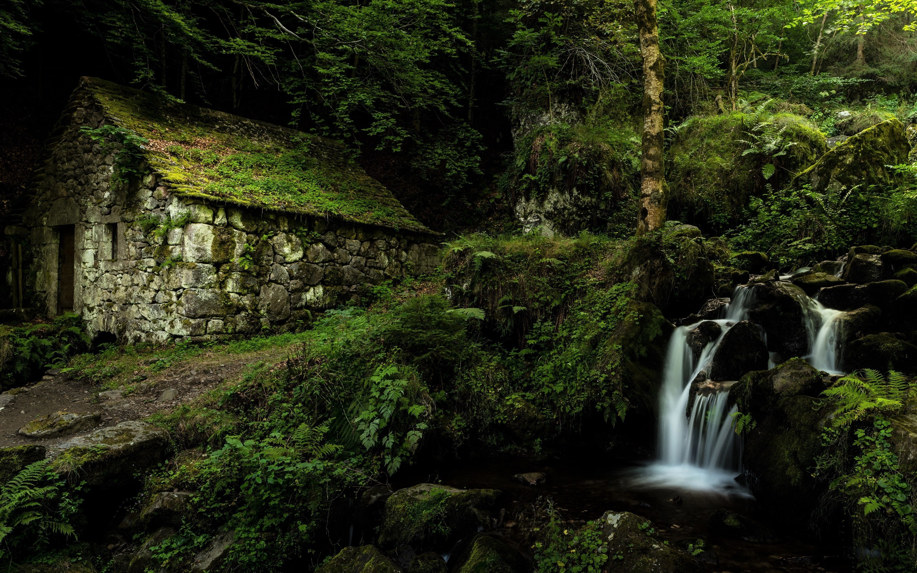 beauty in nature, building 4k free download for pc, long exposure, outdoors, stream - flowing water, tree, plant, blurred motion, falling water, HD Wallpaper