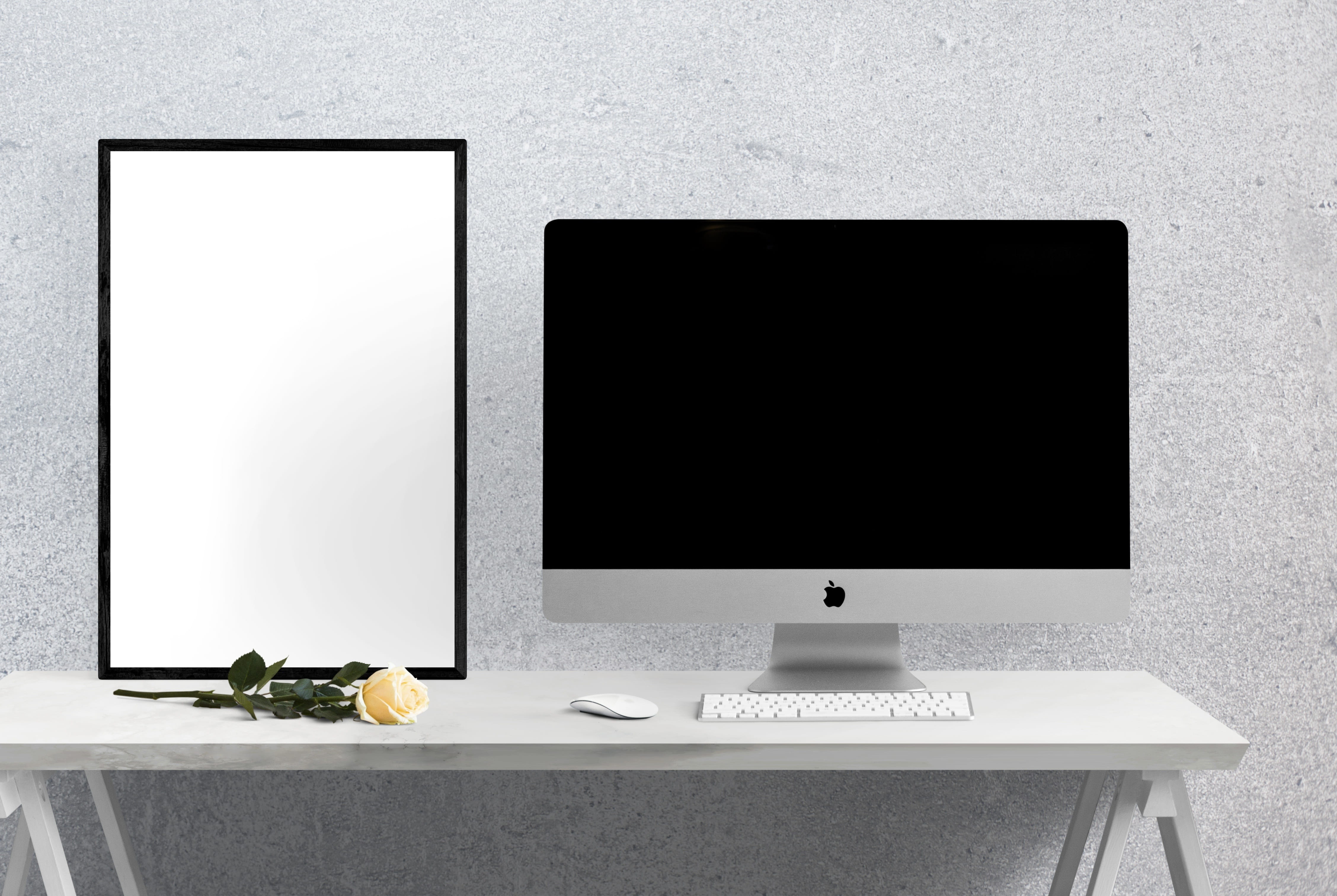 poster, modern, computer monitor, no people, wall - building feature, seat, blank, flower, arrangement, still life, furniture, computer equipment, imac, HD Wallpaper